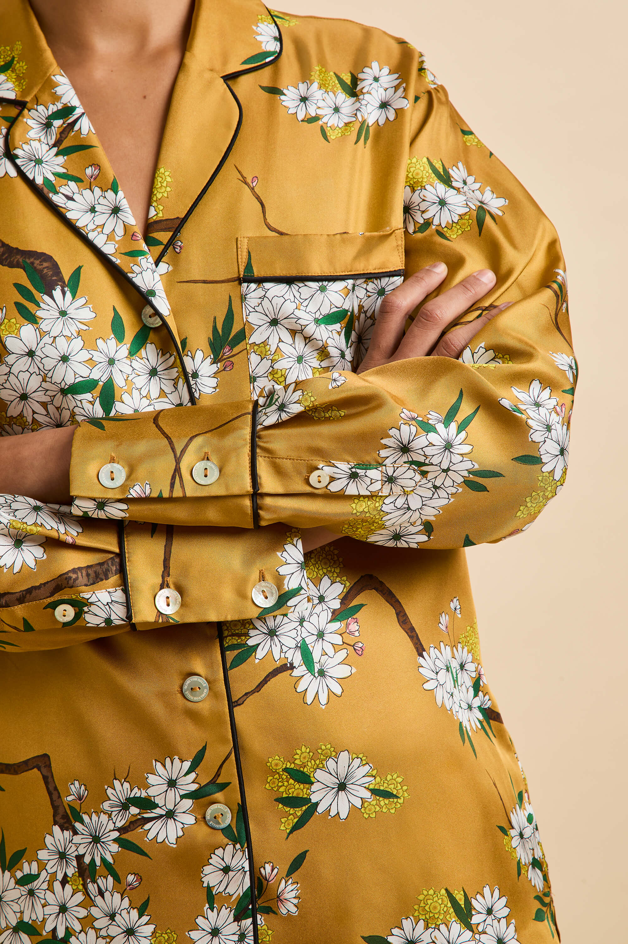 Alba Carmena Yellow Blossom Pyjamas in Silk Twill