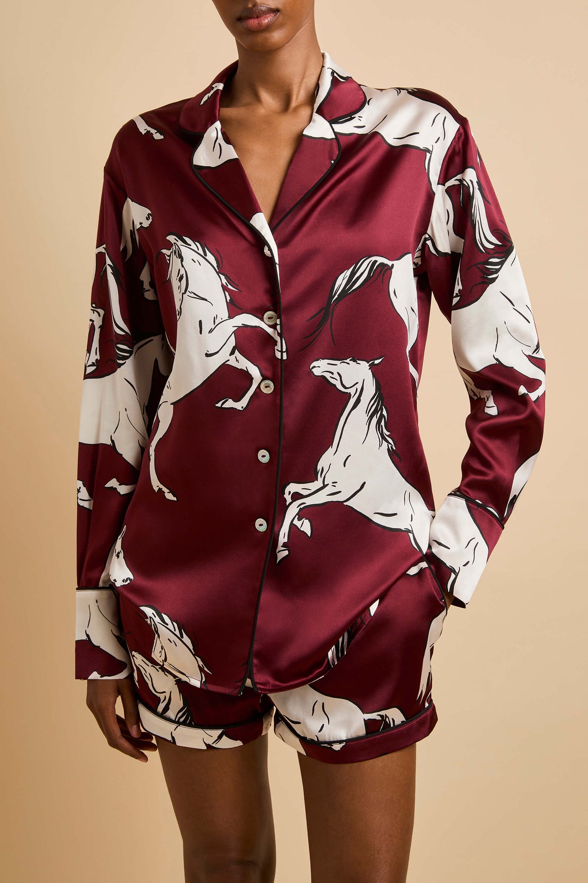 alba carmine red horse pyjamas in silk satin 