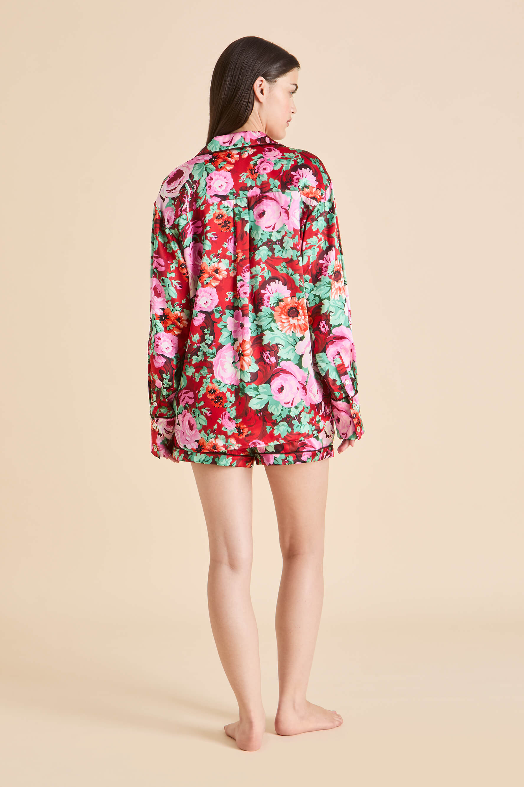 Alba Moulin Red Floral Pajamas in Silk Satin