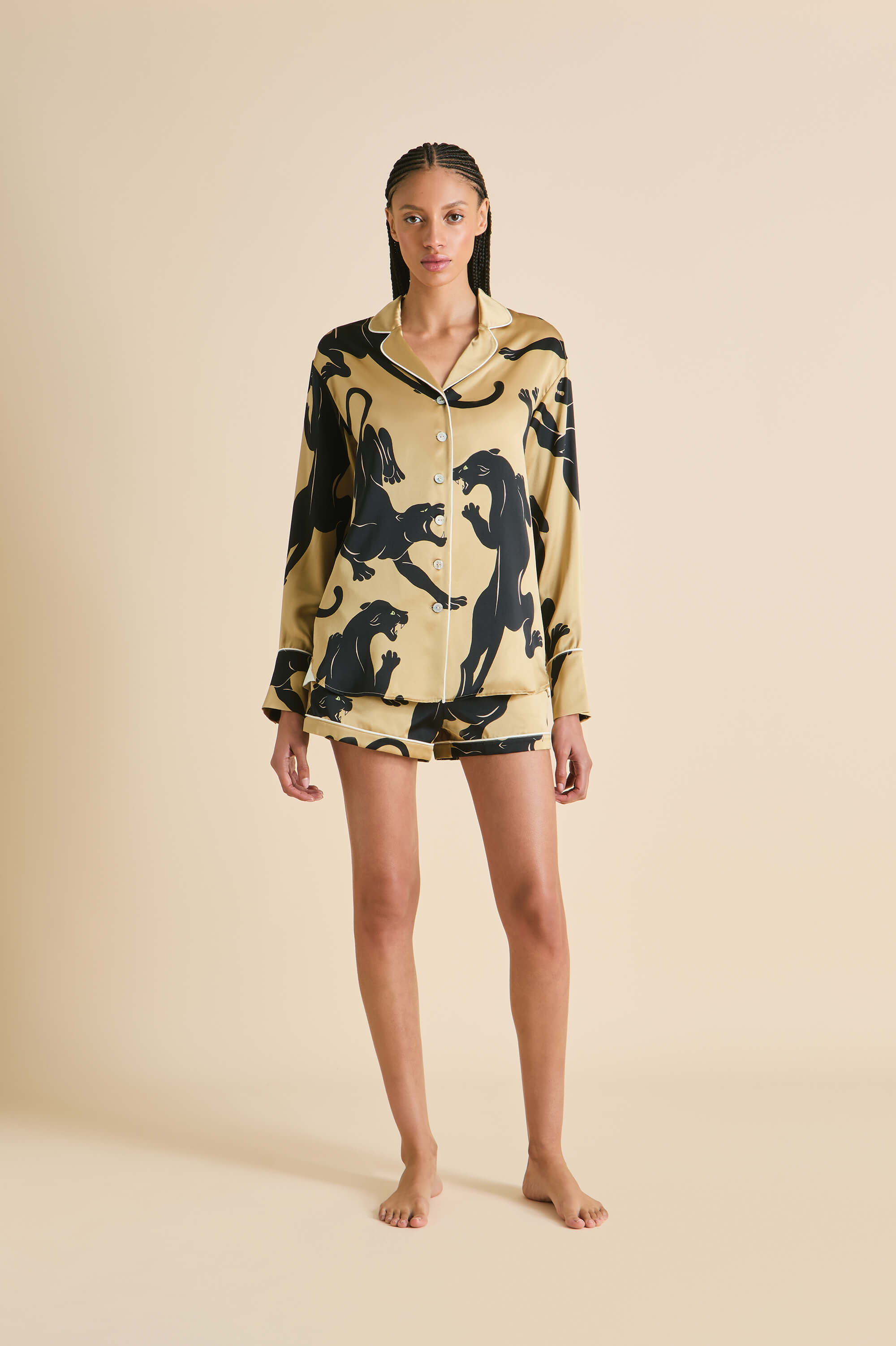 Alba Perriand Gold Panther Pyjamas in Silk Satin