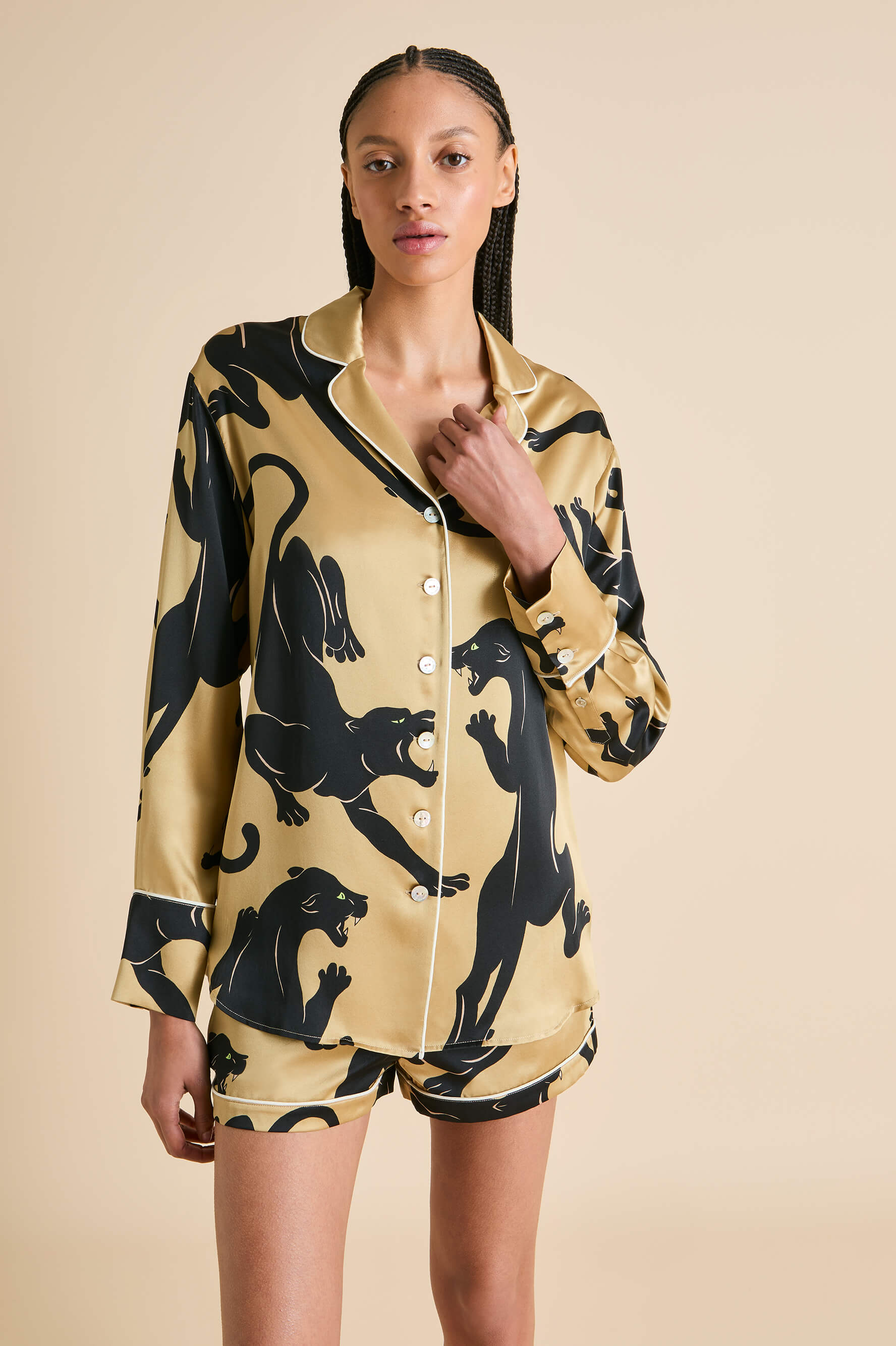 Alba Perriand Gold Panther Pyjamas in Silk Satin