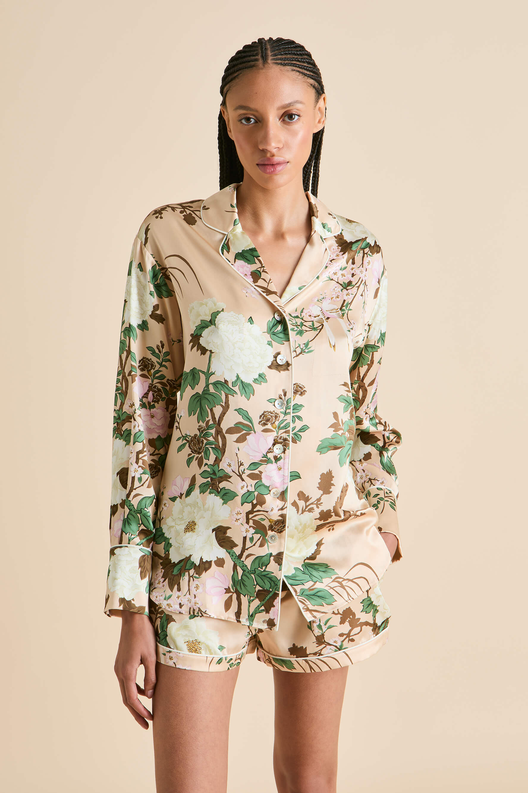 Alba Tirtoff Cream Floral Pyjamas in Silk Satin