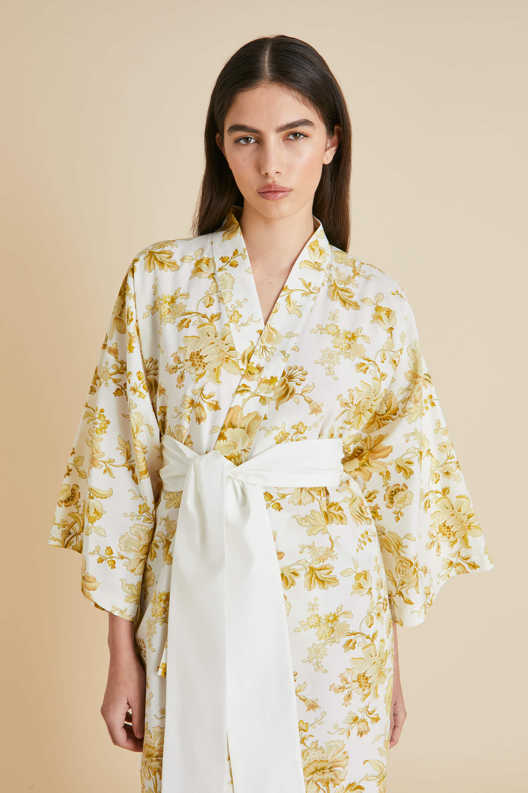 Amaya Aegeus Yellow Floral Robe in Cotton-Silk