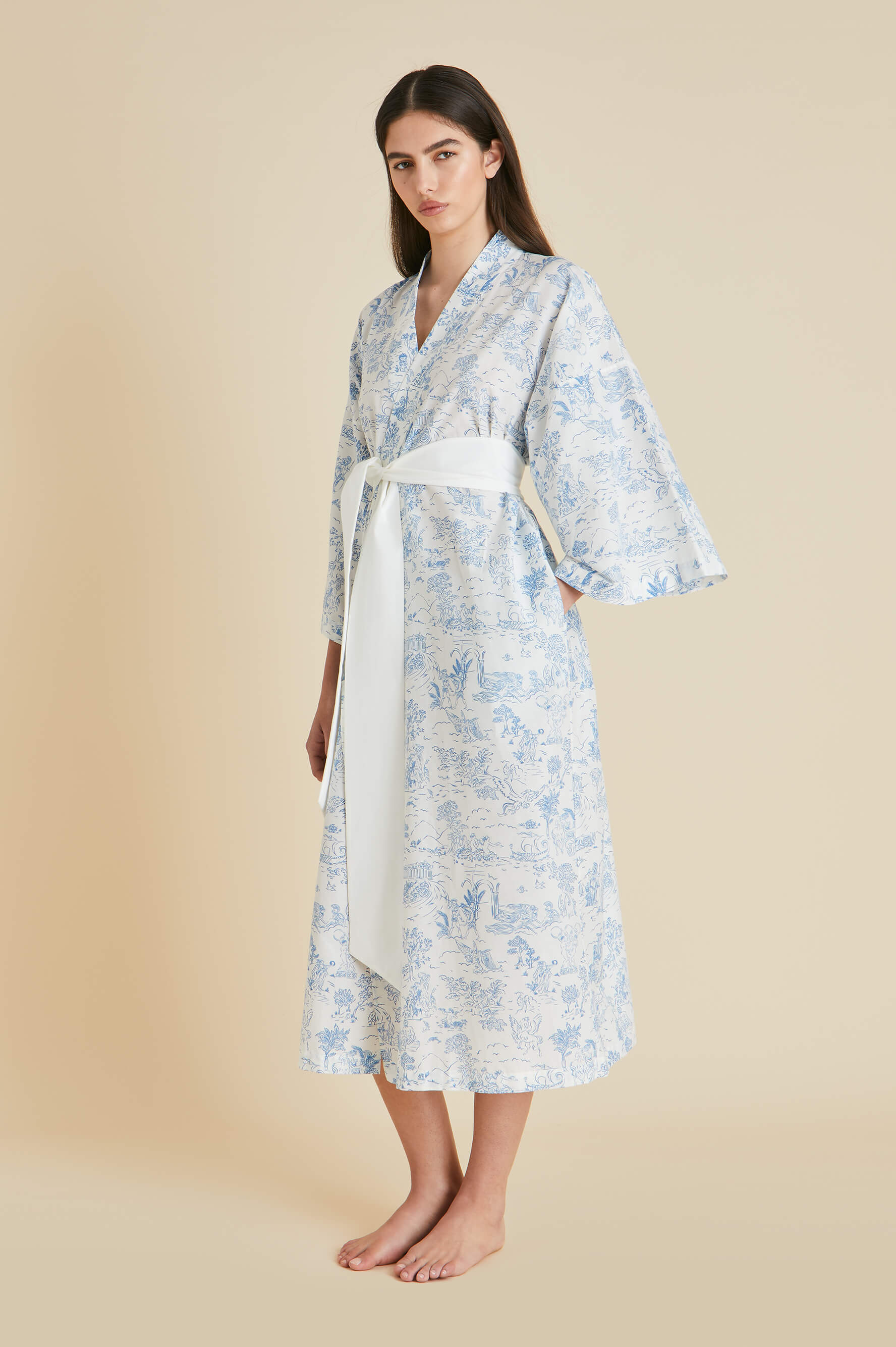 Amaya Eros Ivory Toile de Jouy Robe in Cotton-Silk