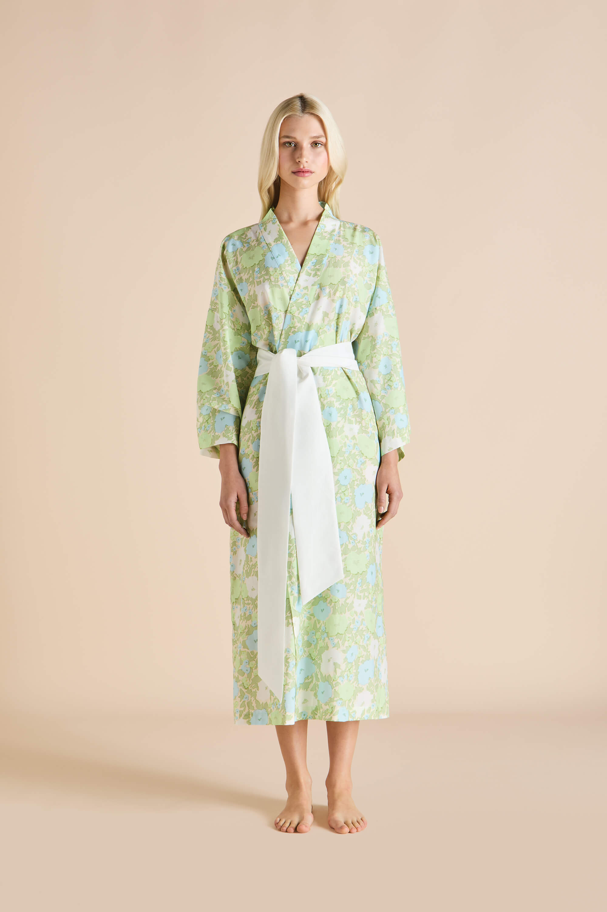 Amaya Hester Green Floral Robe in Cotton-Silk