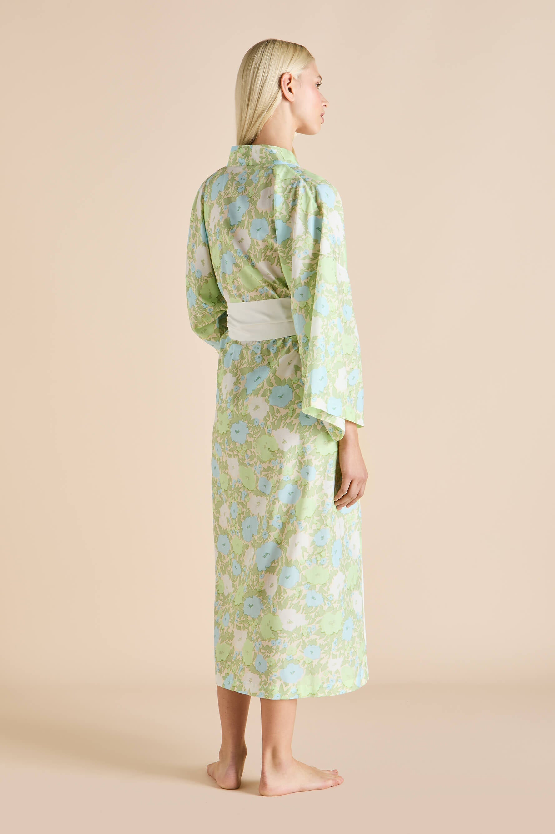 Amaya Hester Green Floral Robe in Cotton-Silk