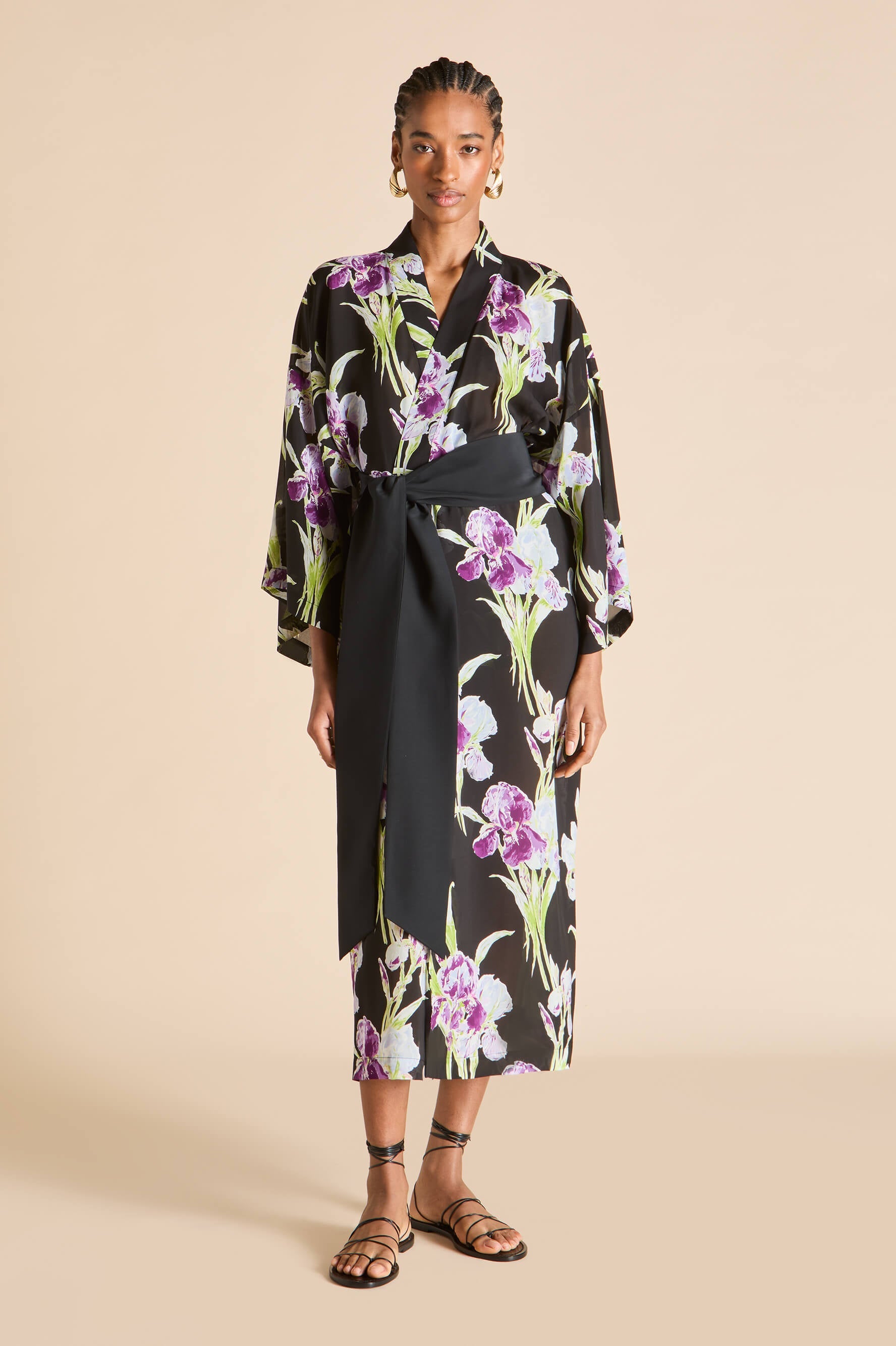 Amaya Seaholly Black Floral Robe in Silk-Chiffon | Olivia von Halle