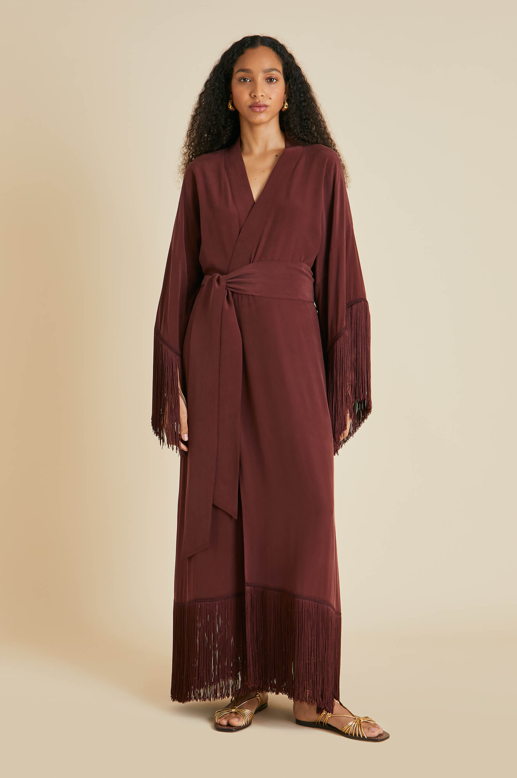 Amina Burgundy Fringed Robe in Silk Crêpe de Chine