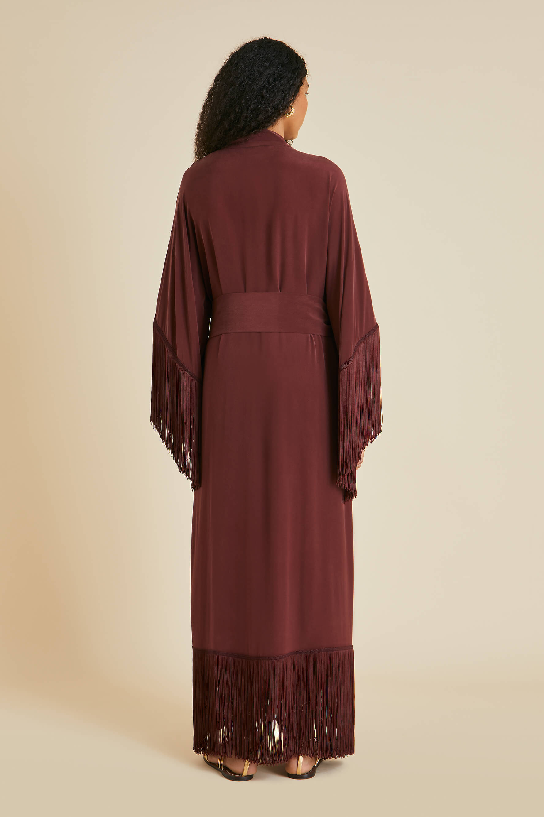 Amina Burgundy Fringed Robe in Silk Crêpe de Chine