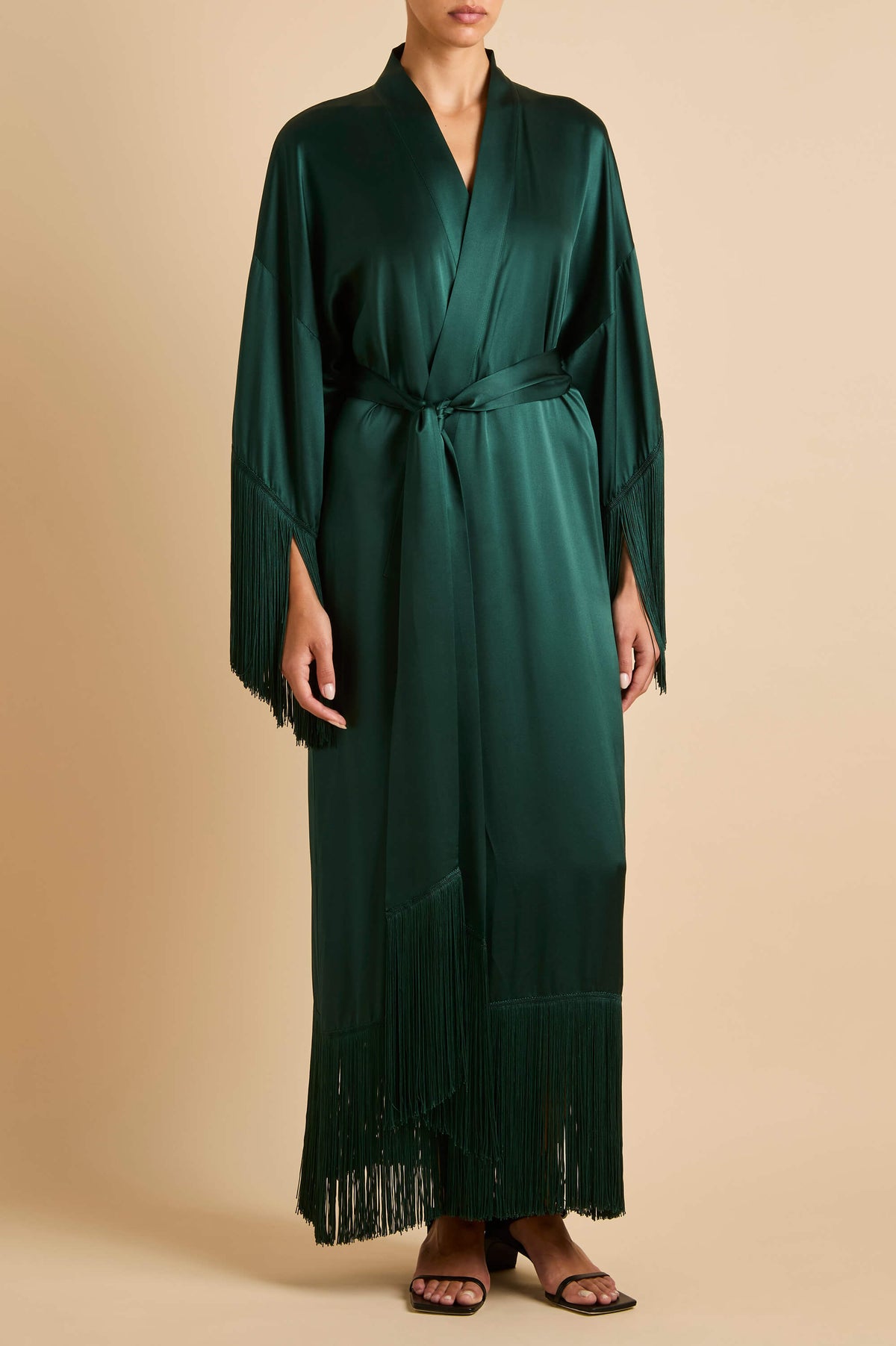 amina clover green robe in silk satin 