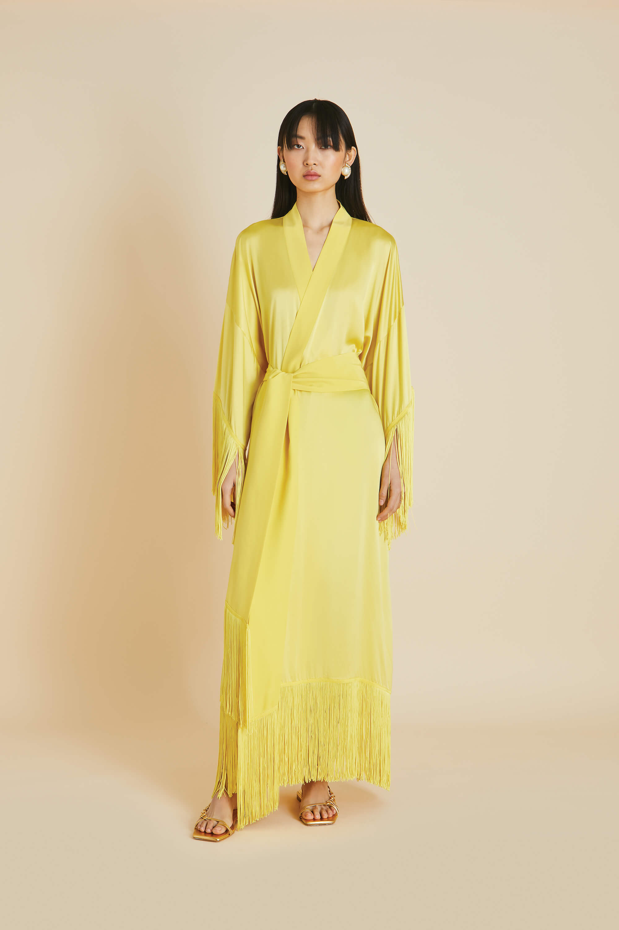 Amina Yellow Fringed Robe in Silk Satin