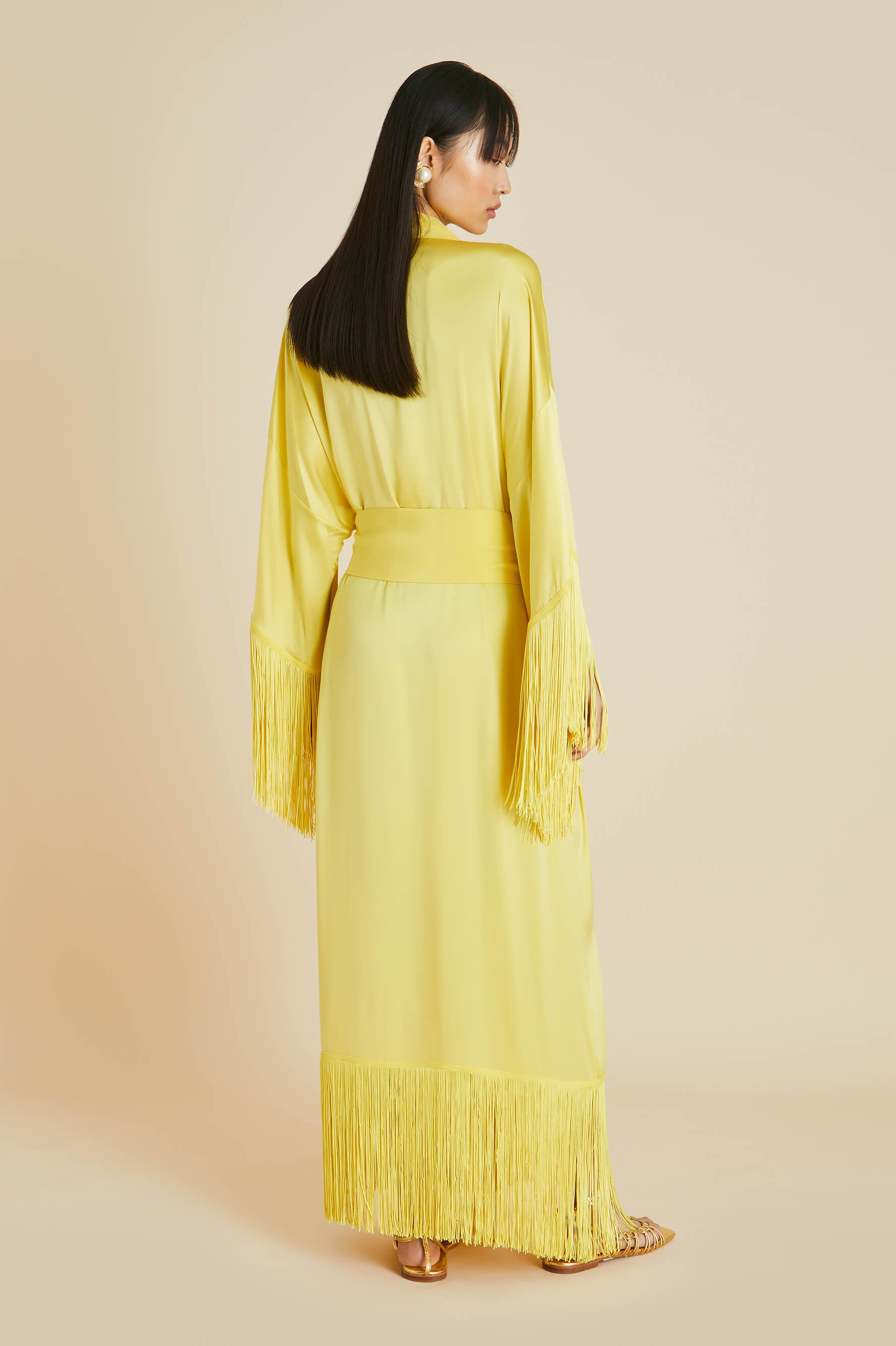 Amina Yellow Fringed Sandwashed Silk Robe