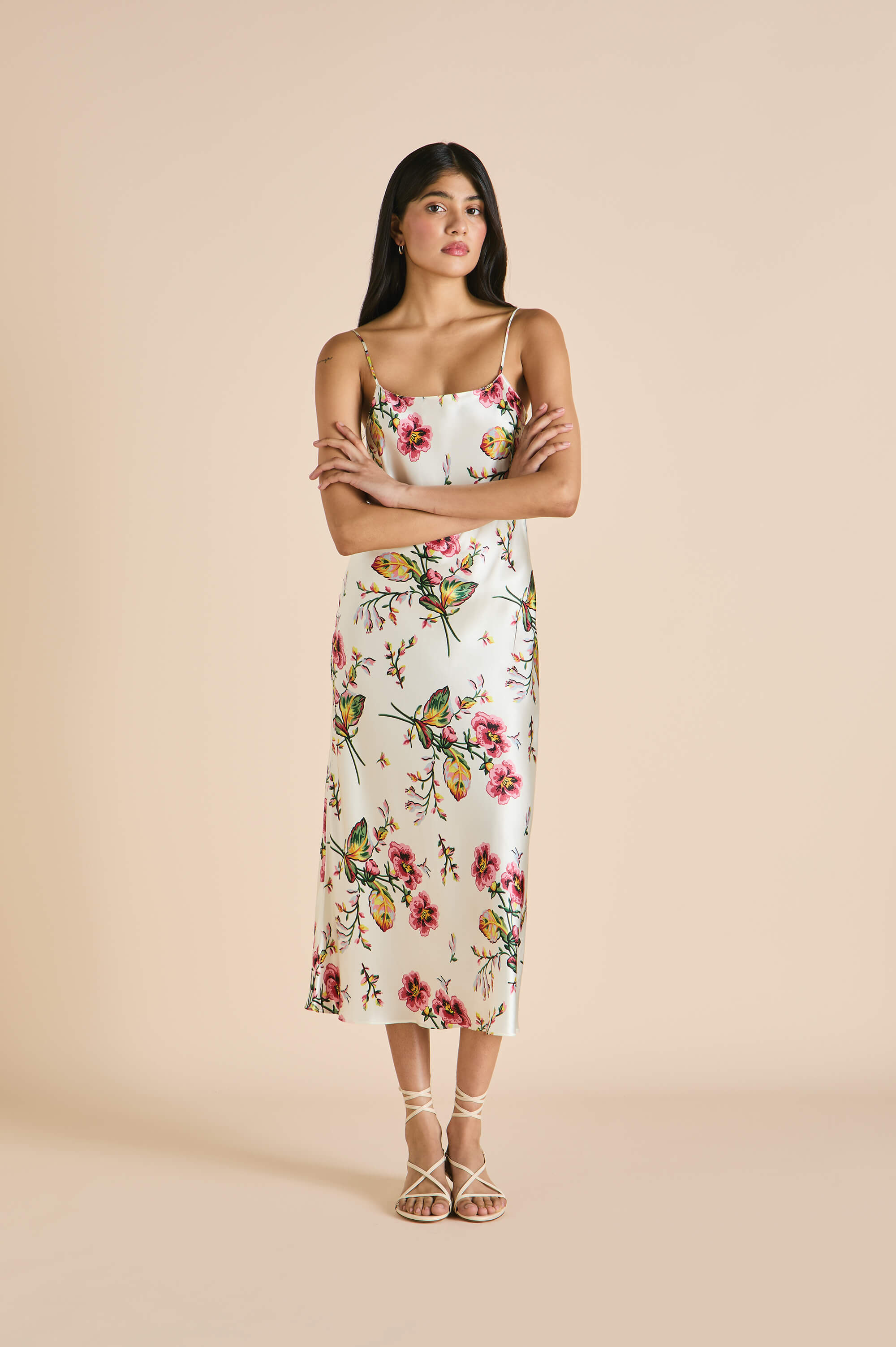 Artemis Maugham Ivory Floral Slip Dress in Silk Satin