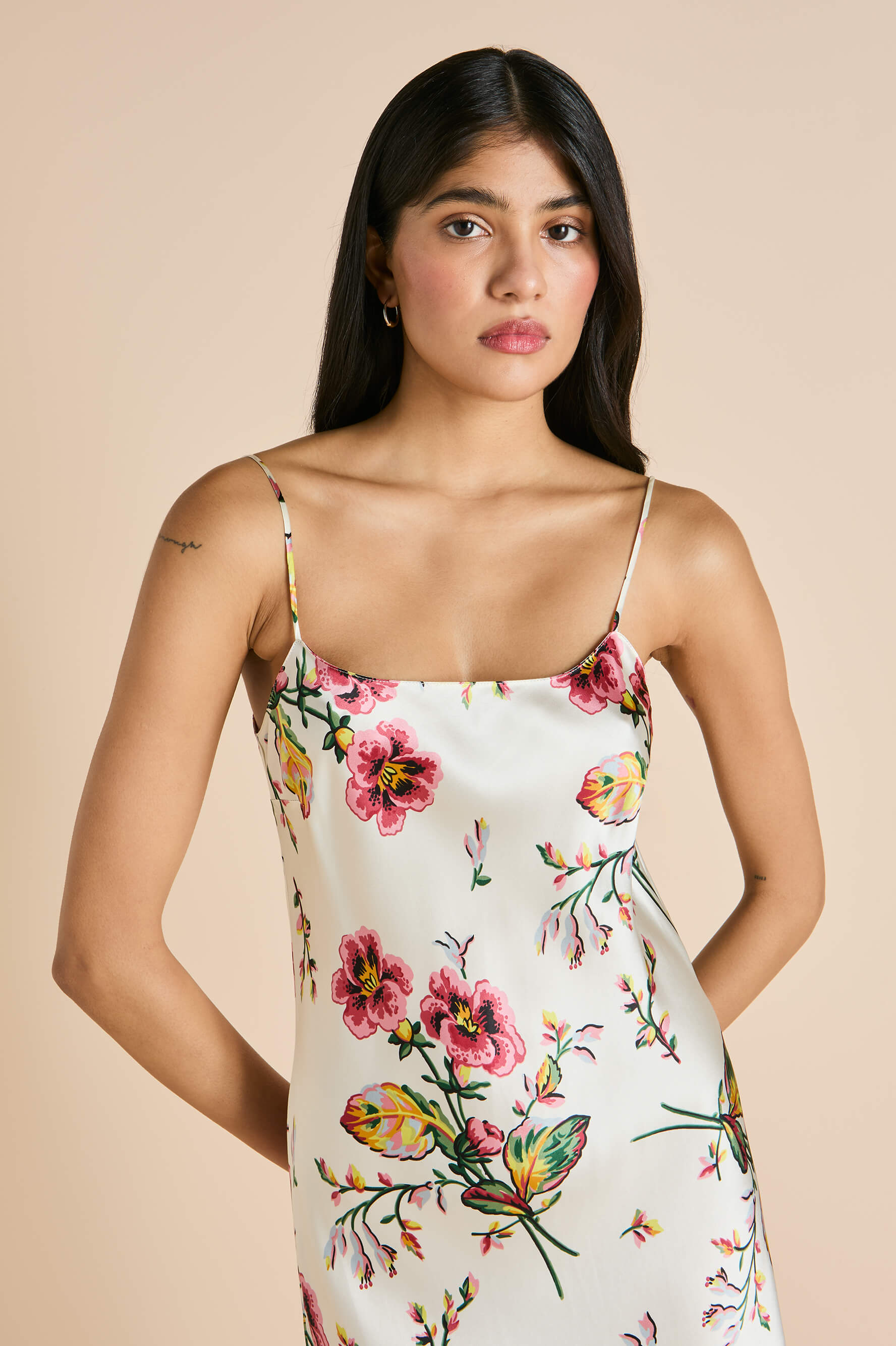 Artemis Maugham Ivory Floral Slip Dress in Silk Satin