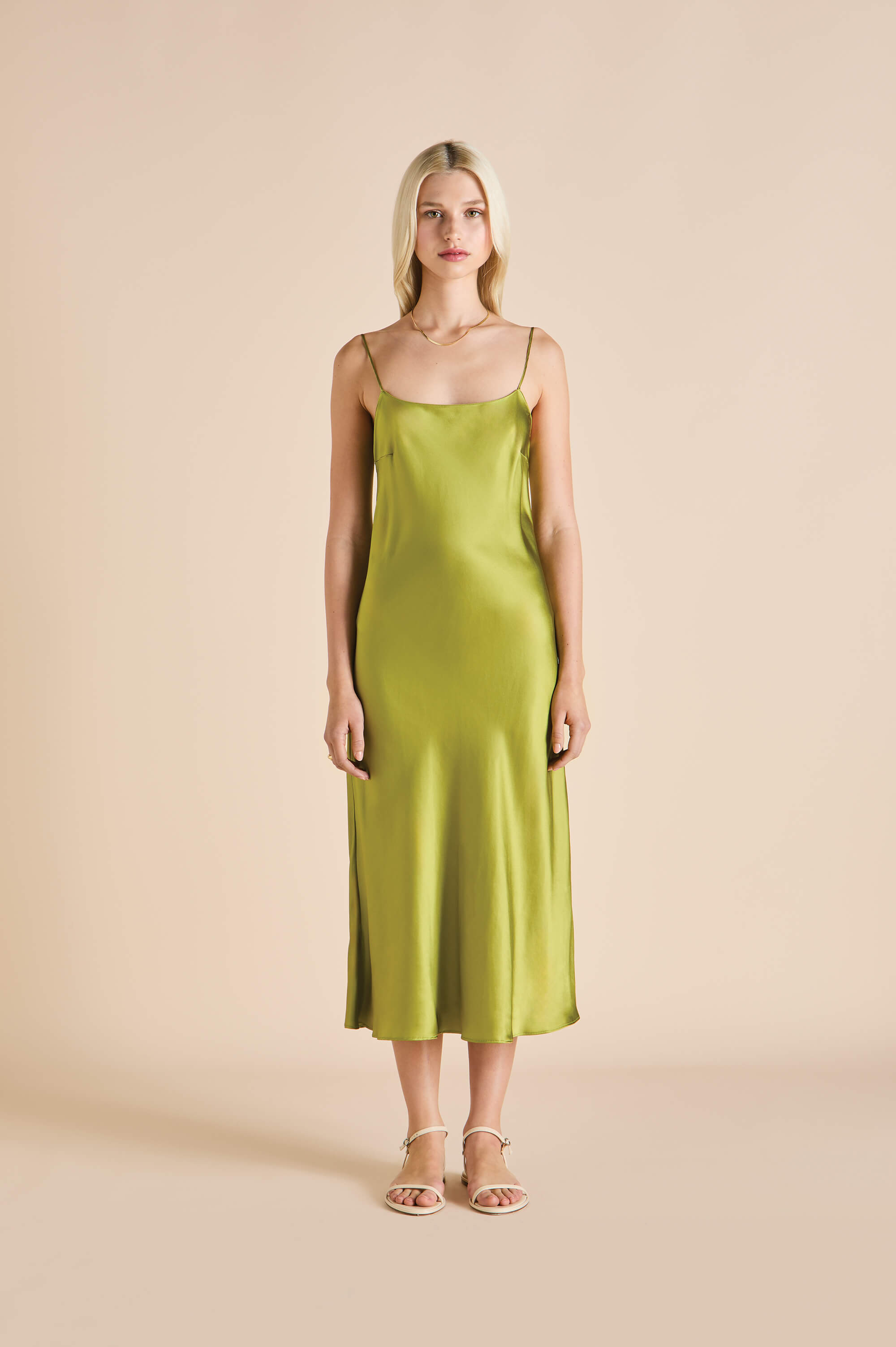 Artemis Olive Green Slip Dress in Silk Satin