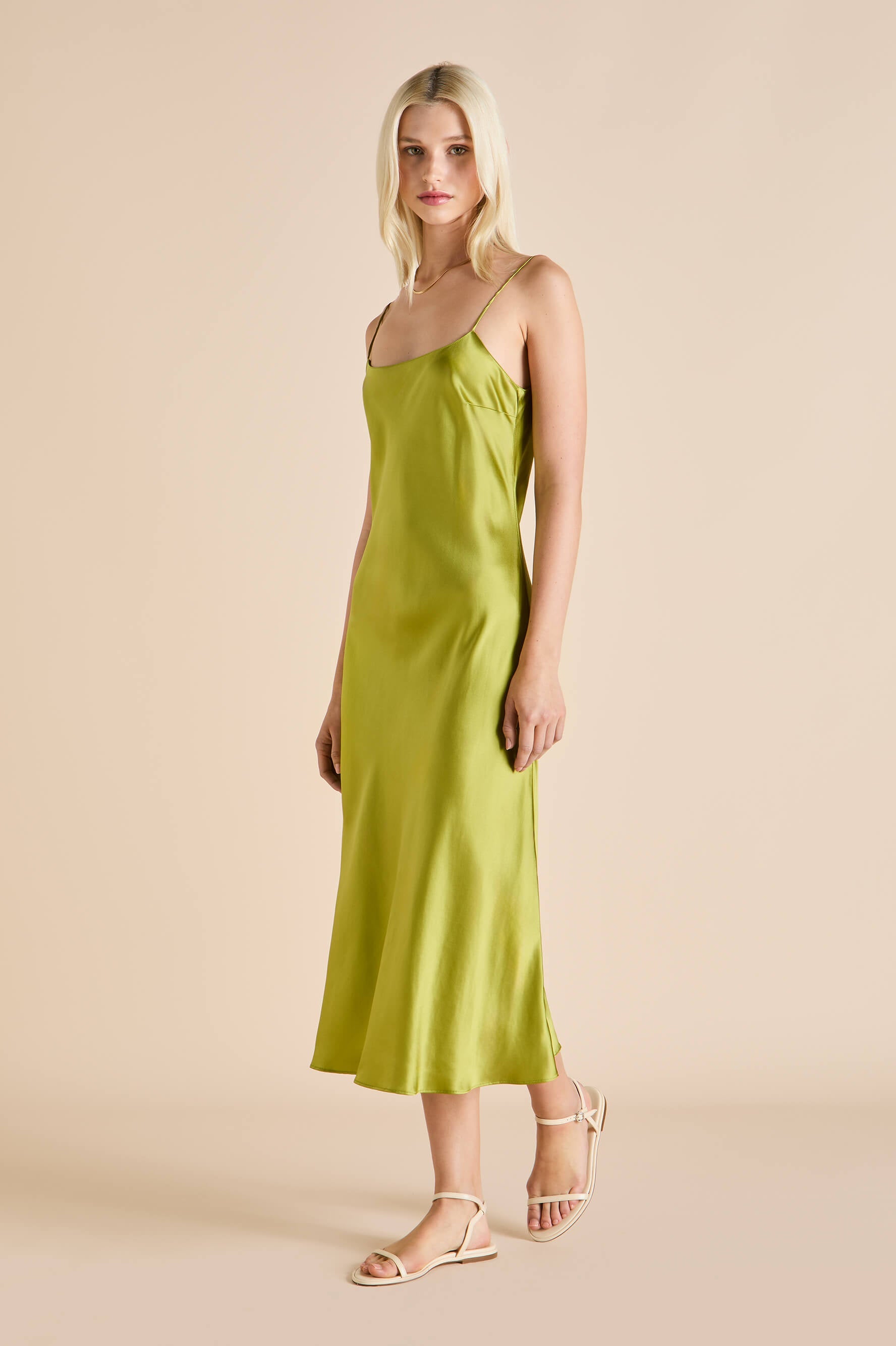 artemis olive green slip dress in silk satin 