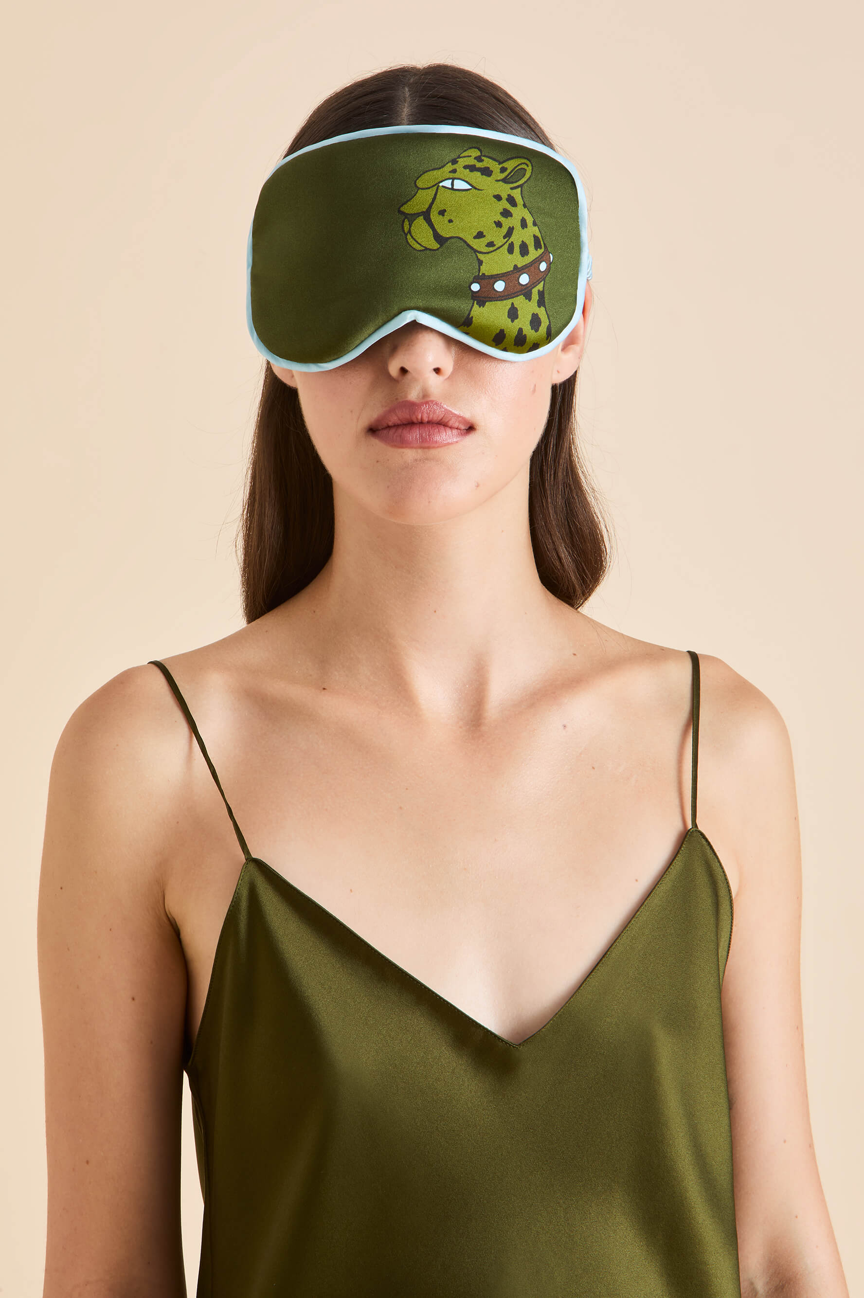 Audrey Cosmos Green Leopard Eye Mask in Silk Satin