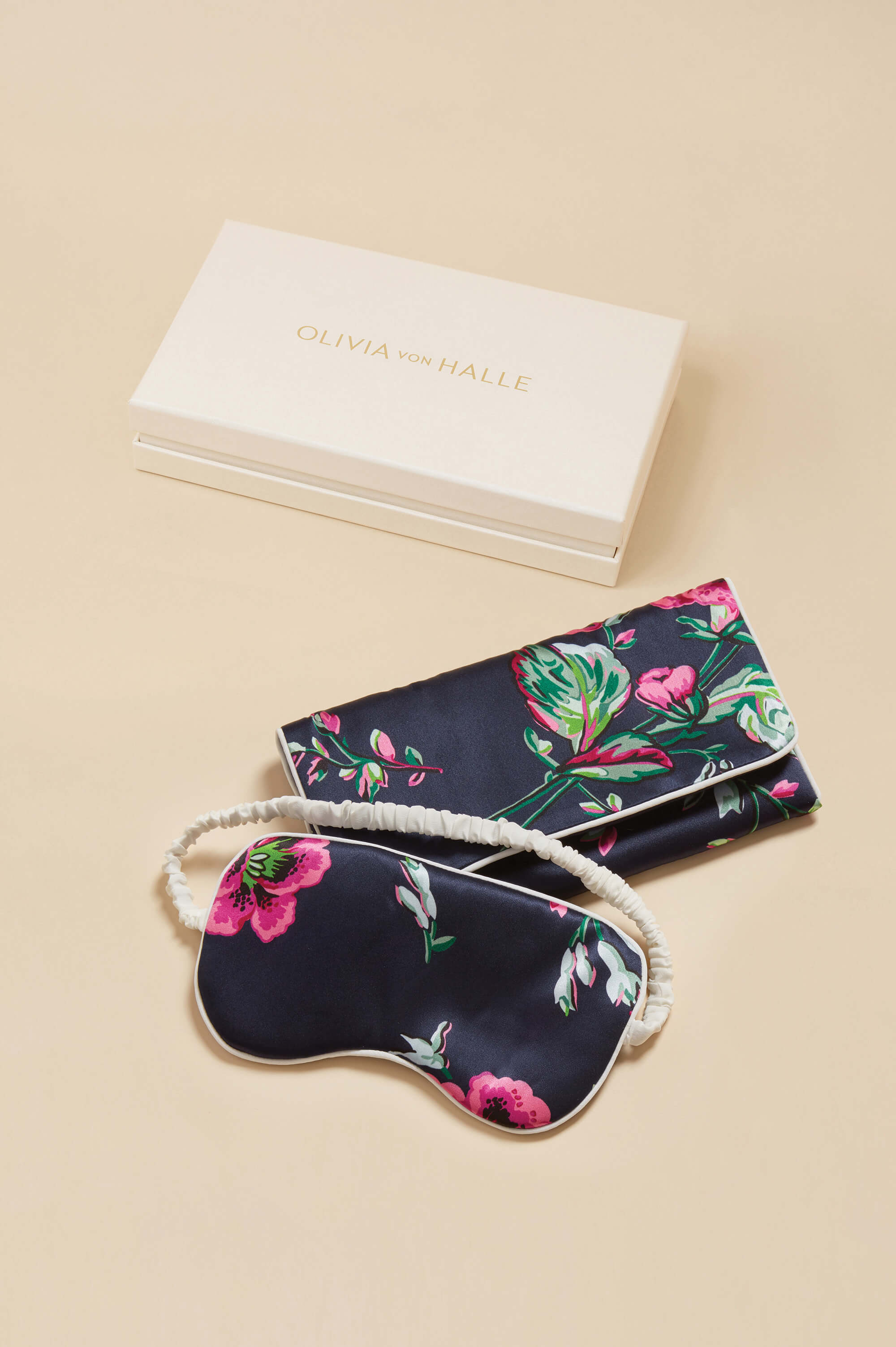 Audrey Madison Navy Floral Eye Mask in Silk Satin