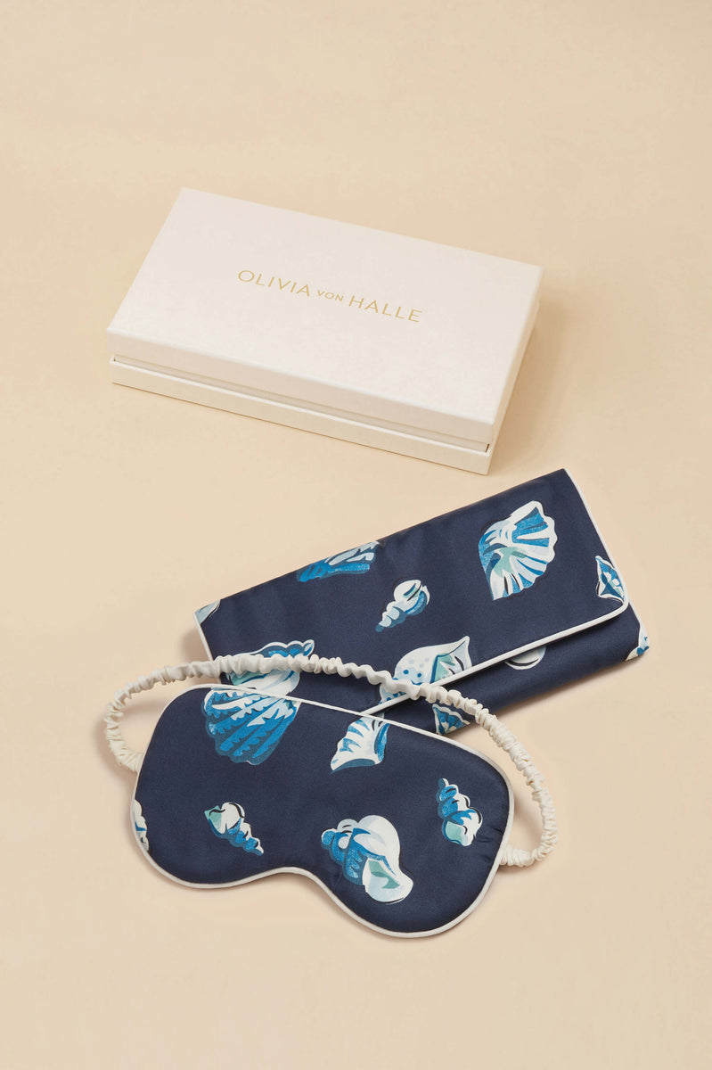 Audrey Nautilus Navy Seashell Eye Mask in Silk Twill | Olivia von Halle