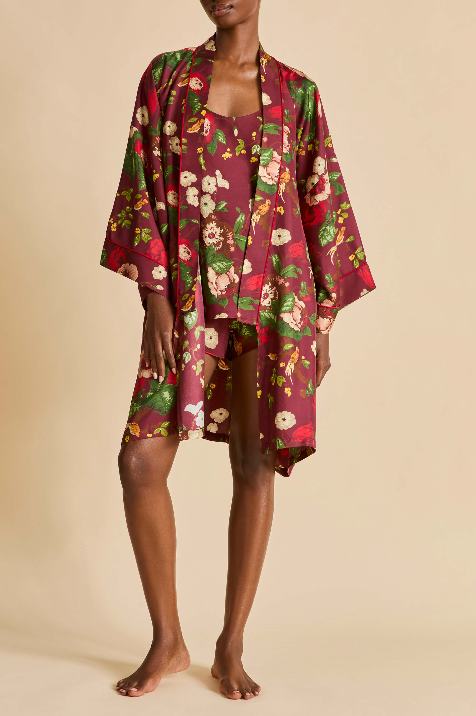 Bella Florian Red Floral Camisole Set in Silk Twill