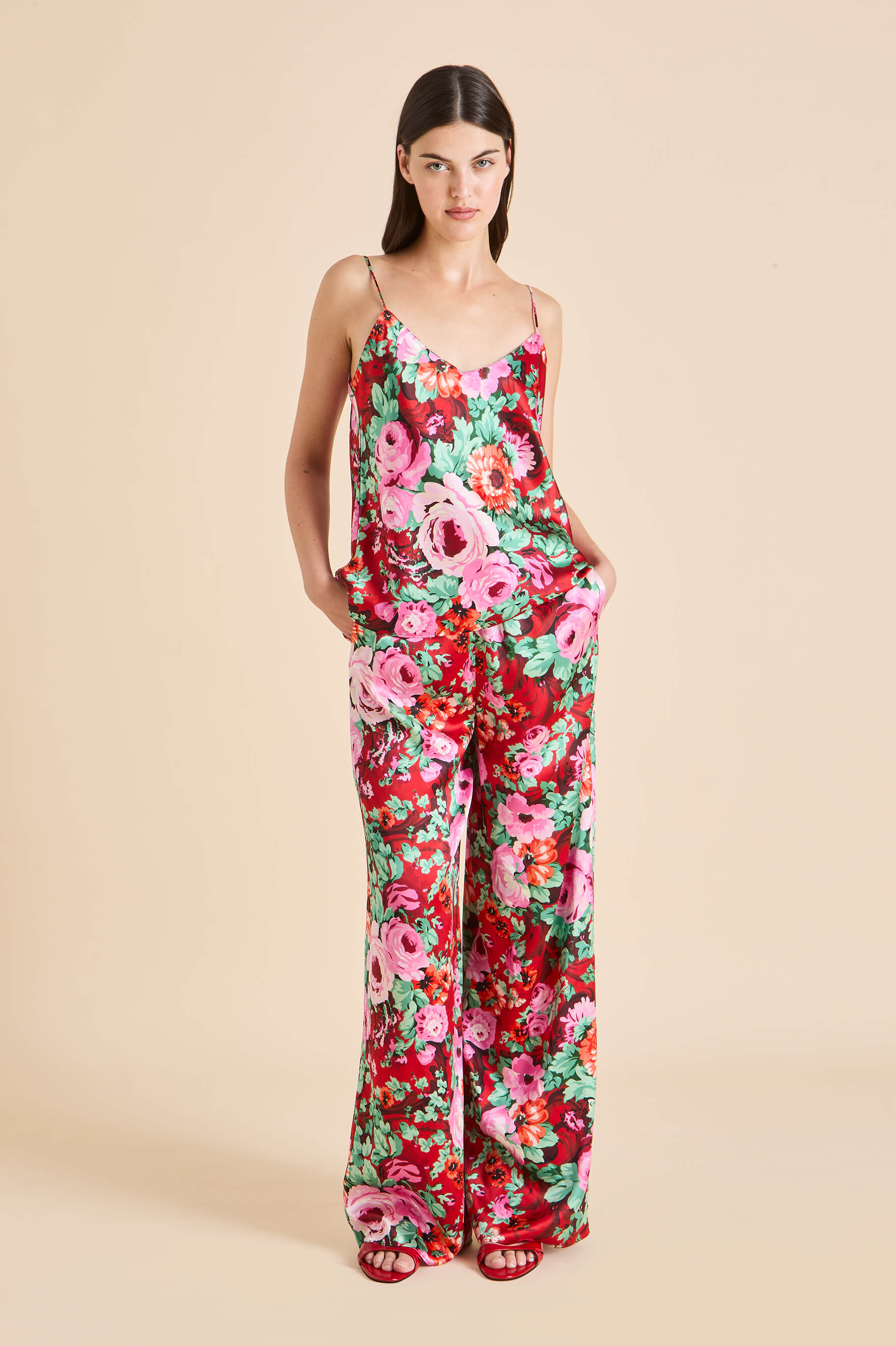 bliss moulin red floral camisole set in silk satin 