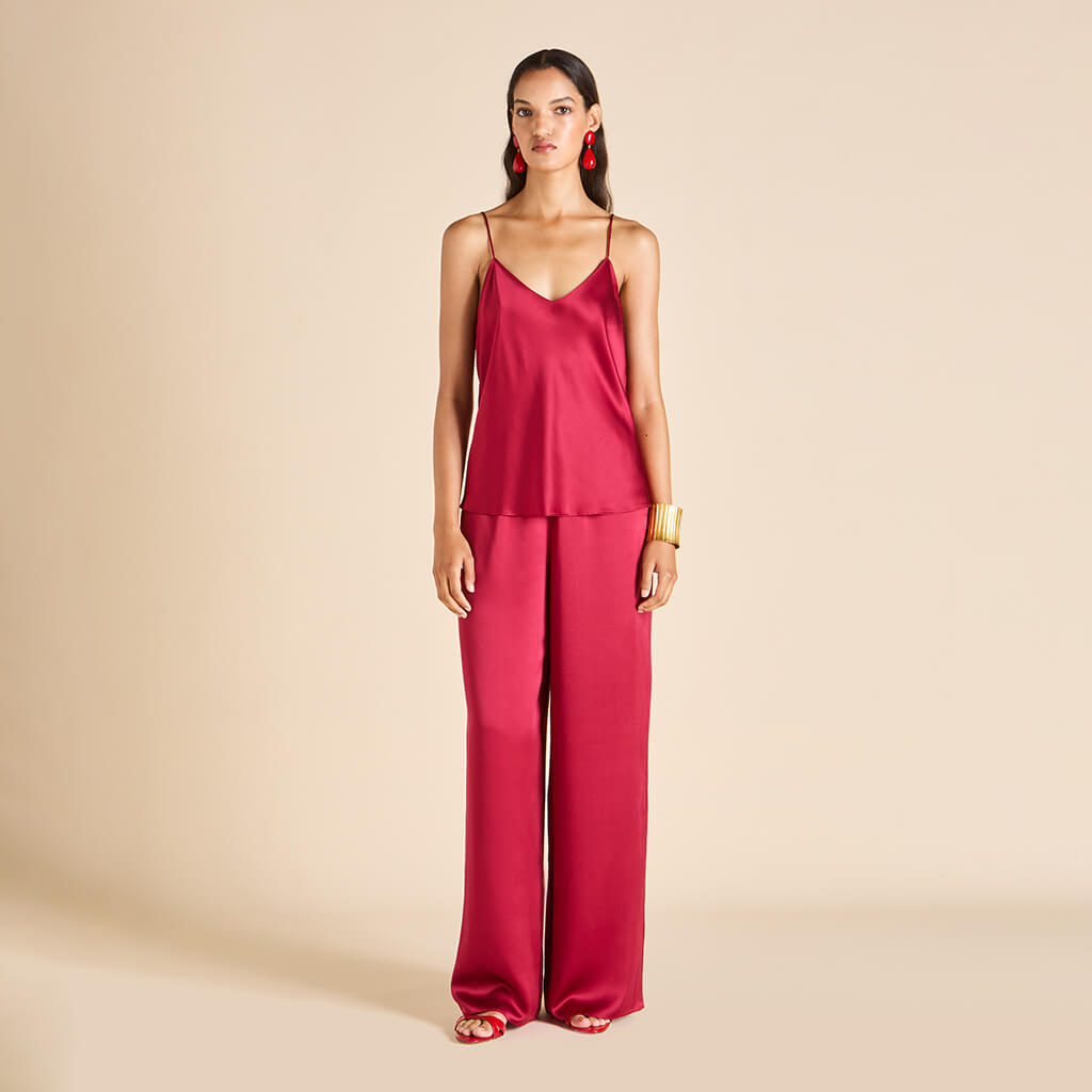 Yves Russet Red Pyjamas in Silk Satin
