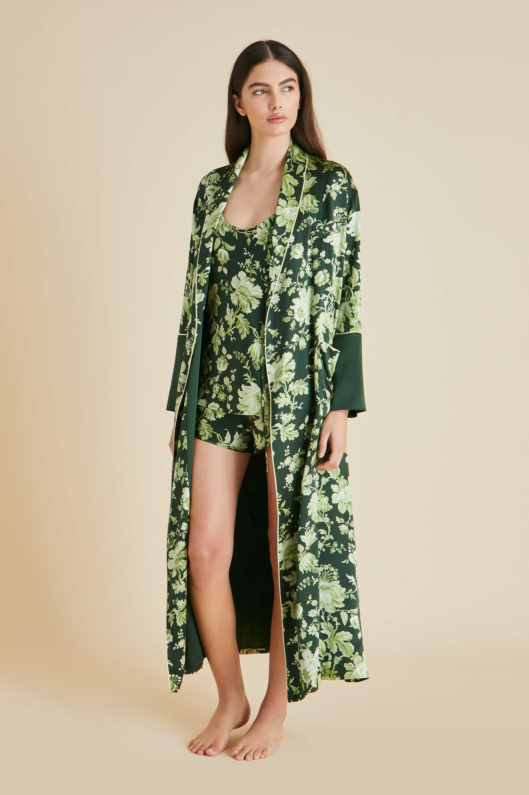 Capability Ares Green Floral Robe in Silk Satin