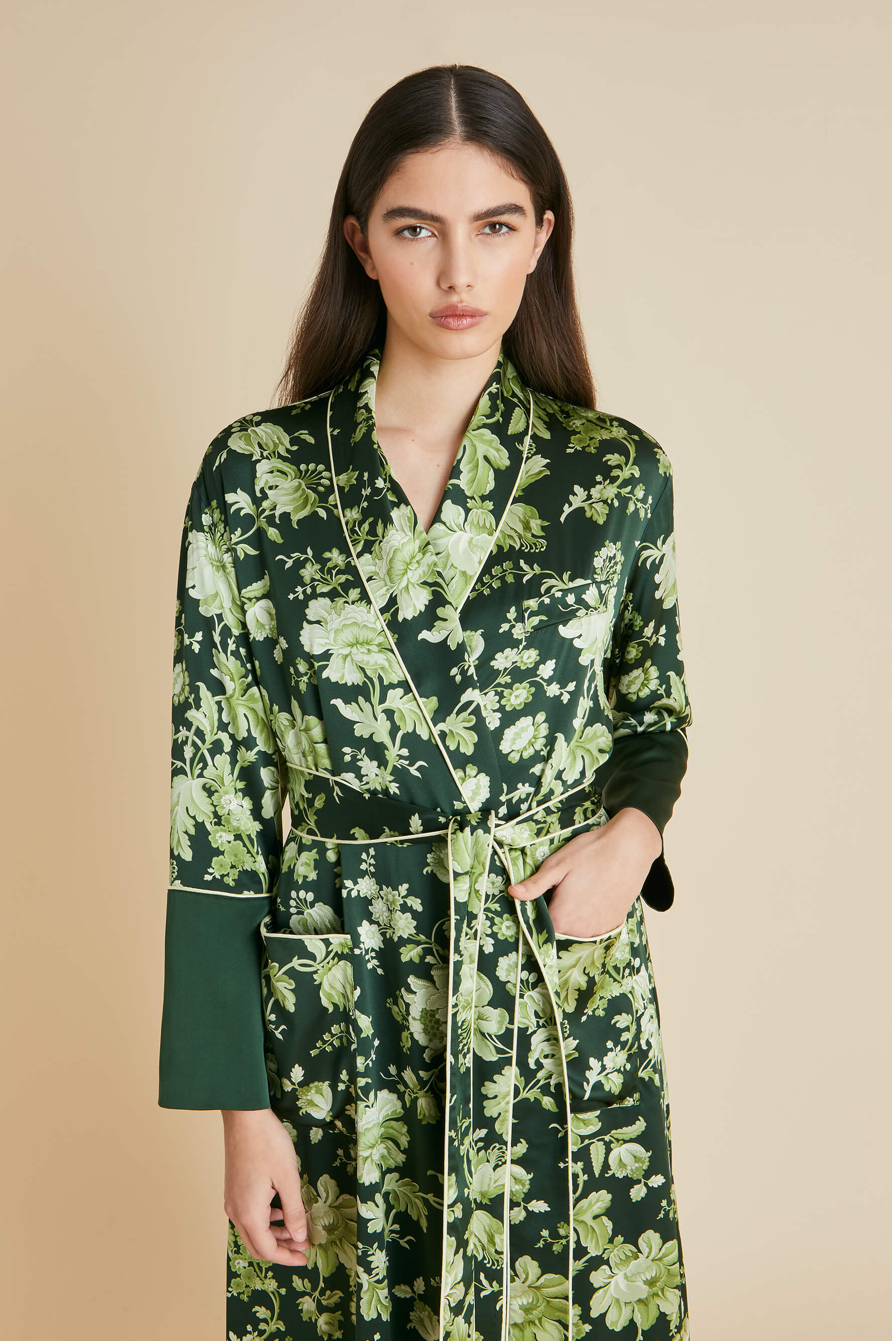Capability Ares Green Floral Robe in Silk Satin