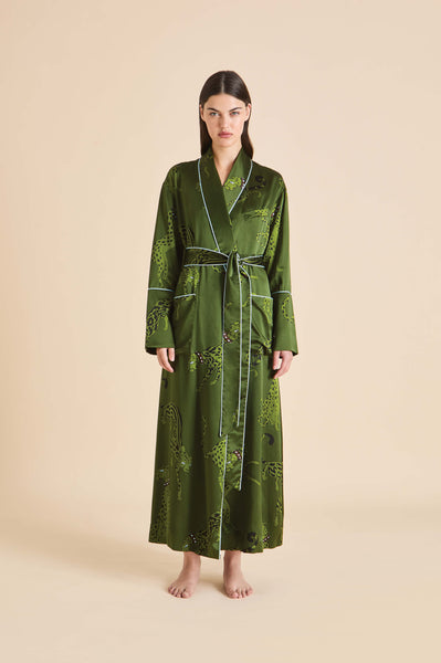 Capability Cosmos Green Leopard Robe in Silk Satin | Olivia von Halle