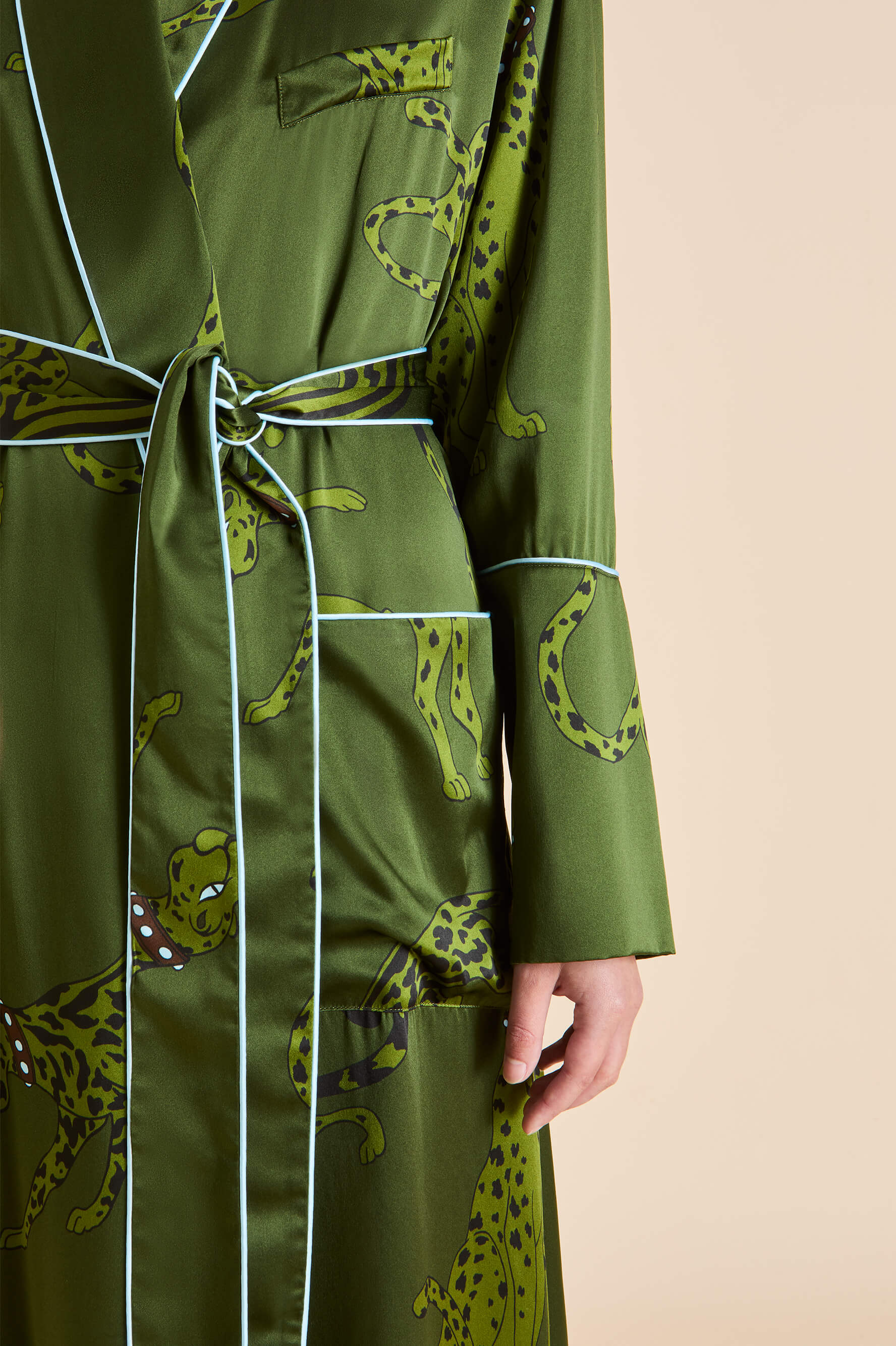 Capability Cosmos Green Leopard Robe in Silk Satin