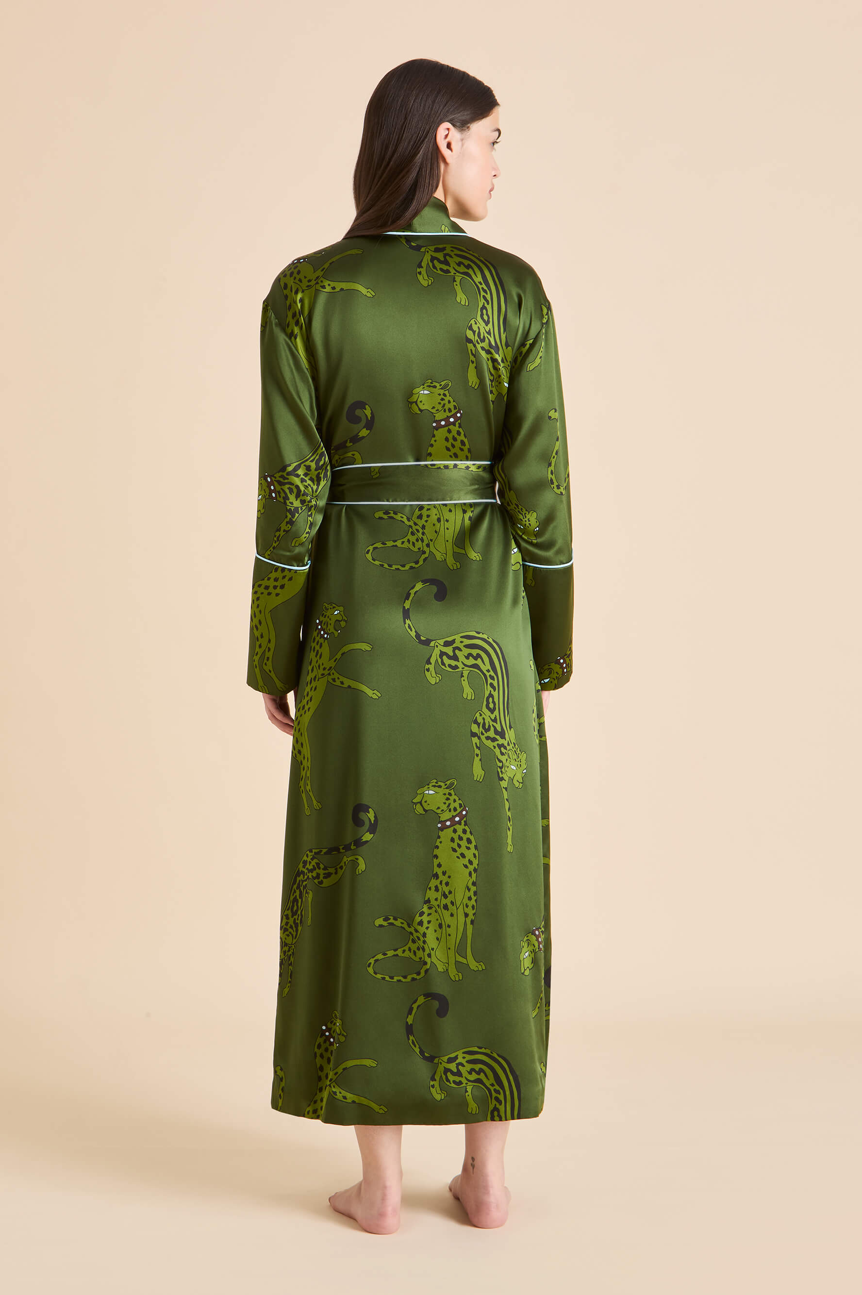 Capability Cosmos Green Leopard Robe in Silk Satin