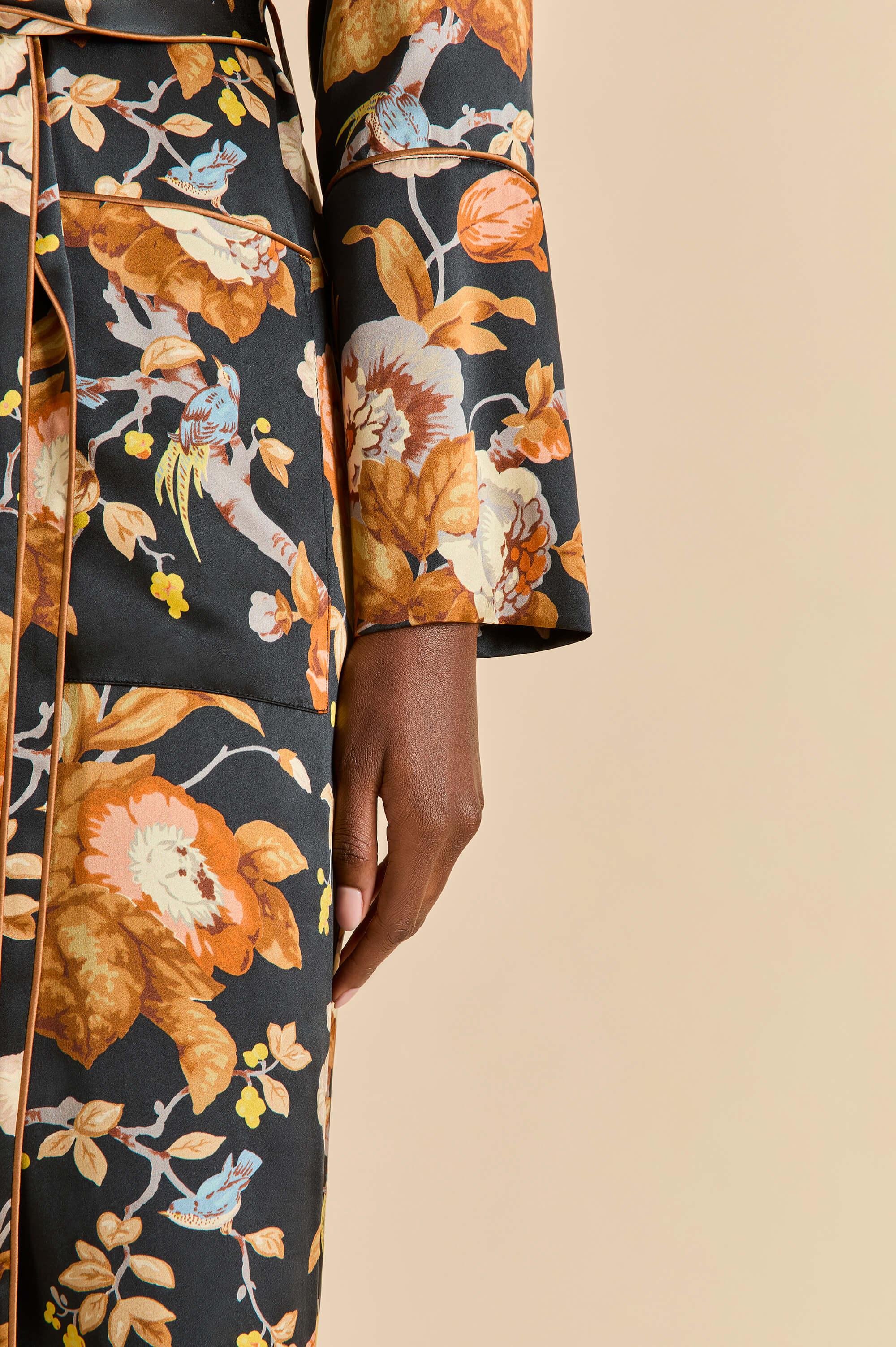 capability evora black floral robe in silk satin 
