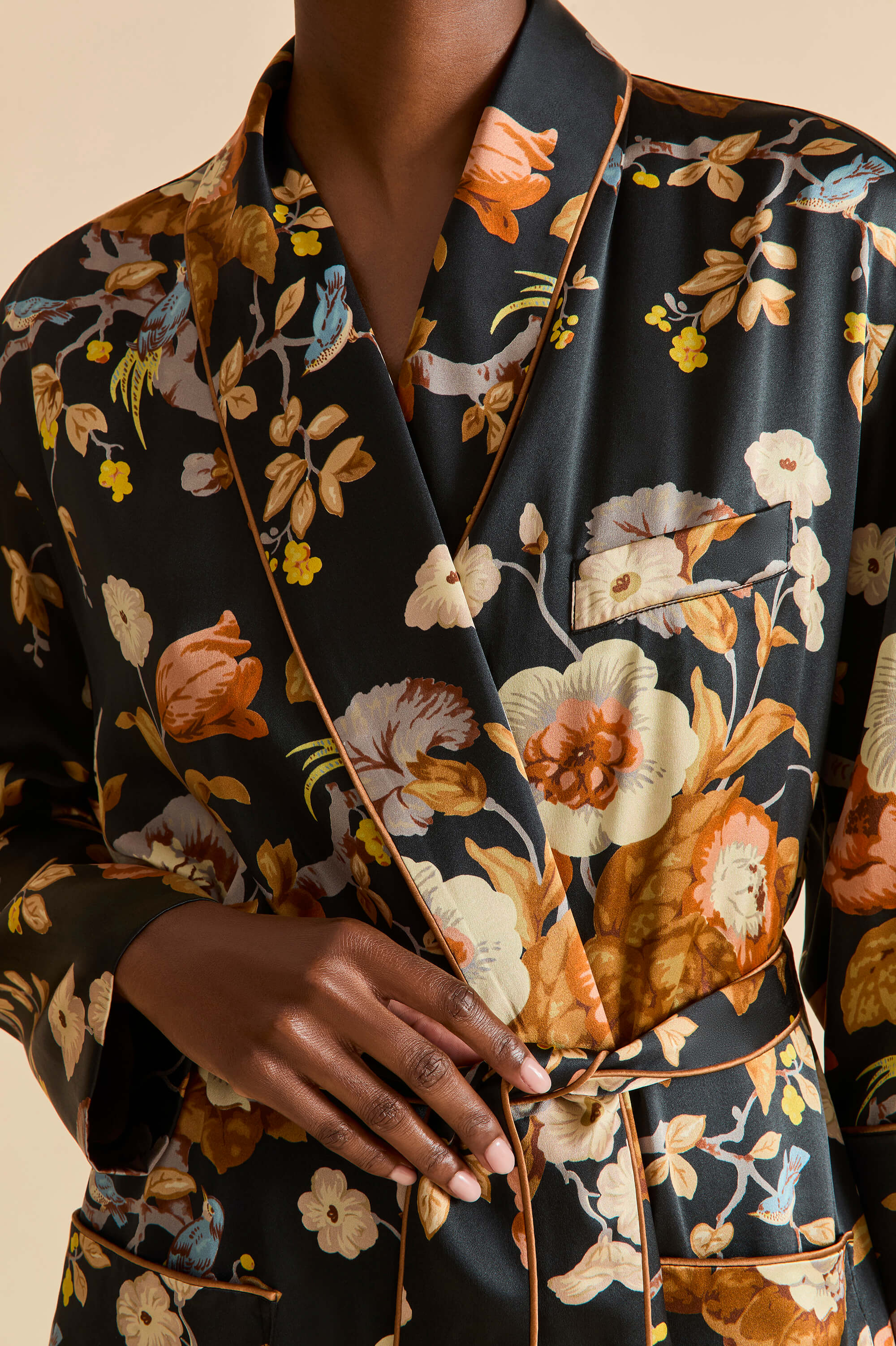 Capability Evora Black Floral Robe in Silk Satin