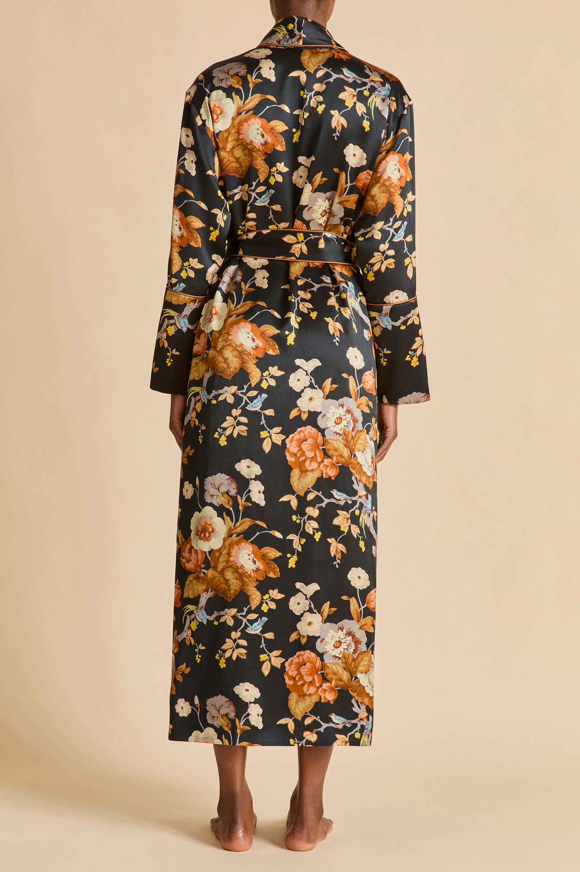 Capability Evora Black Floral Robe in Silk Satin