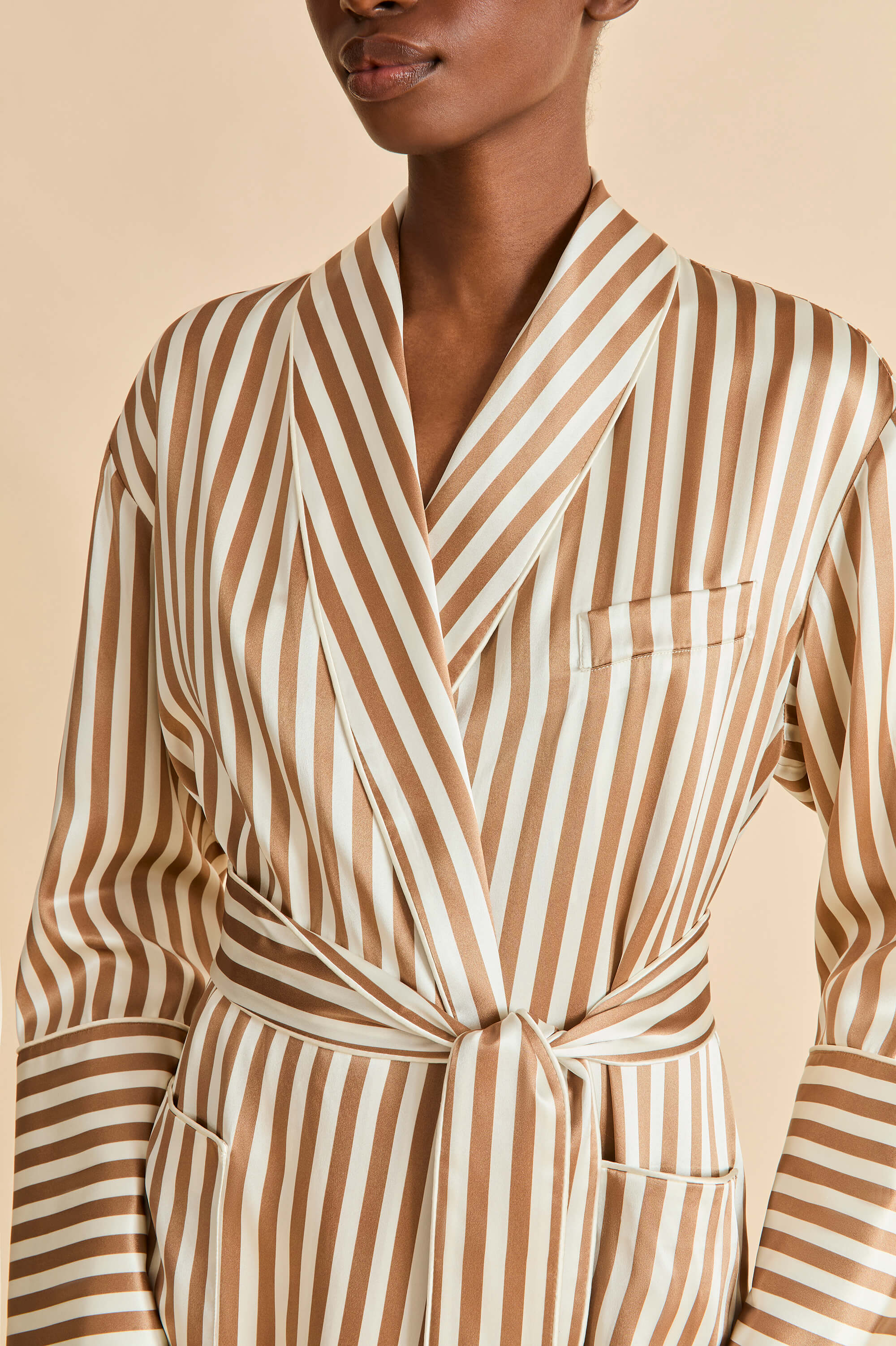 Capability Solene Beige Stripe Robe in Silk Satin