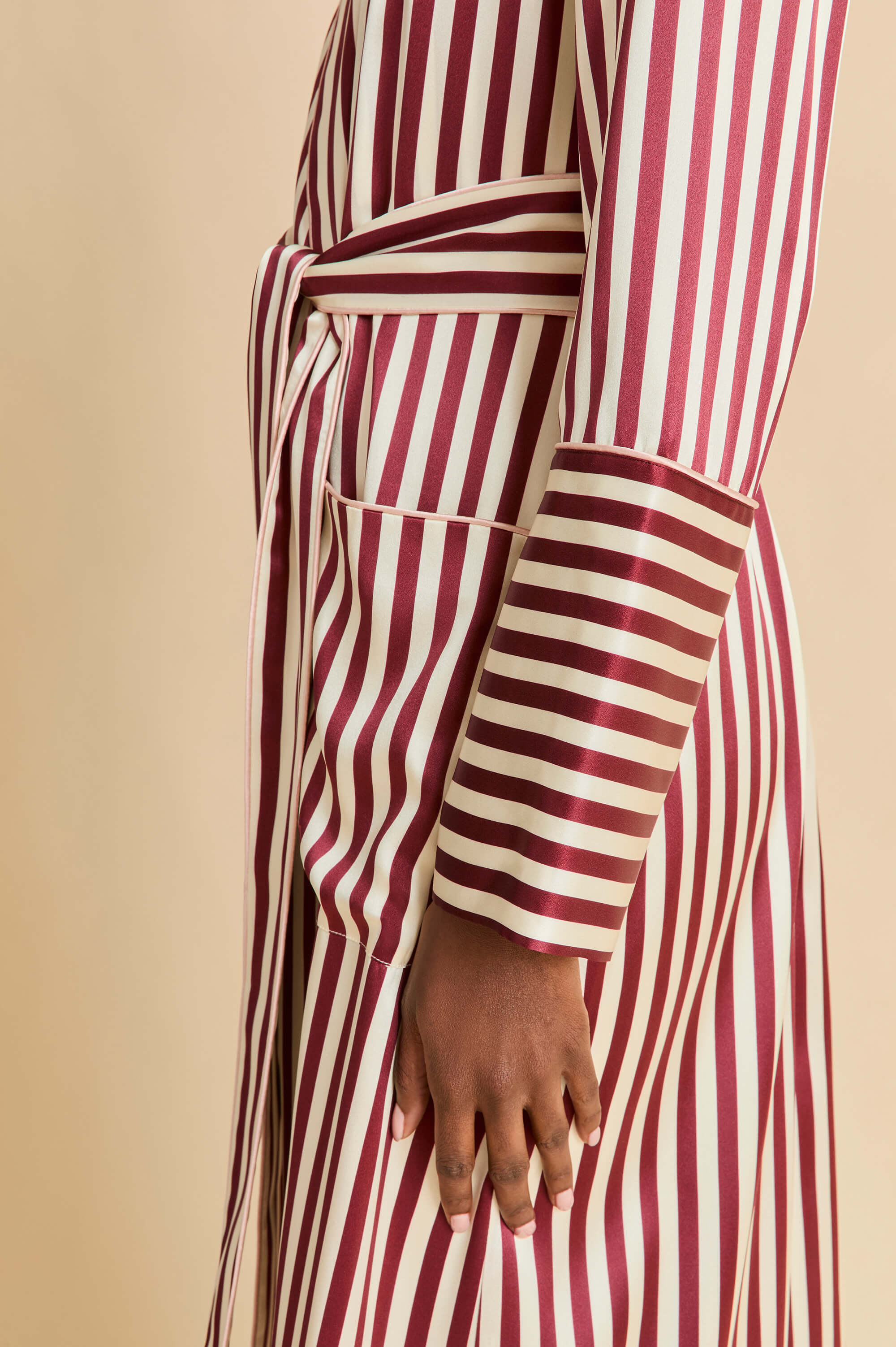 capability soren burgundy stripe robe in silk satin 