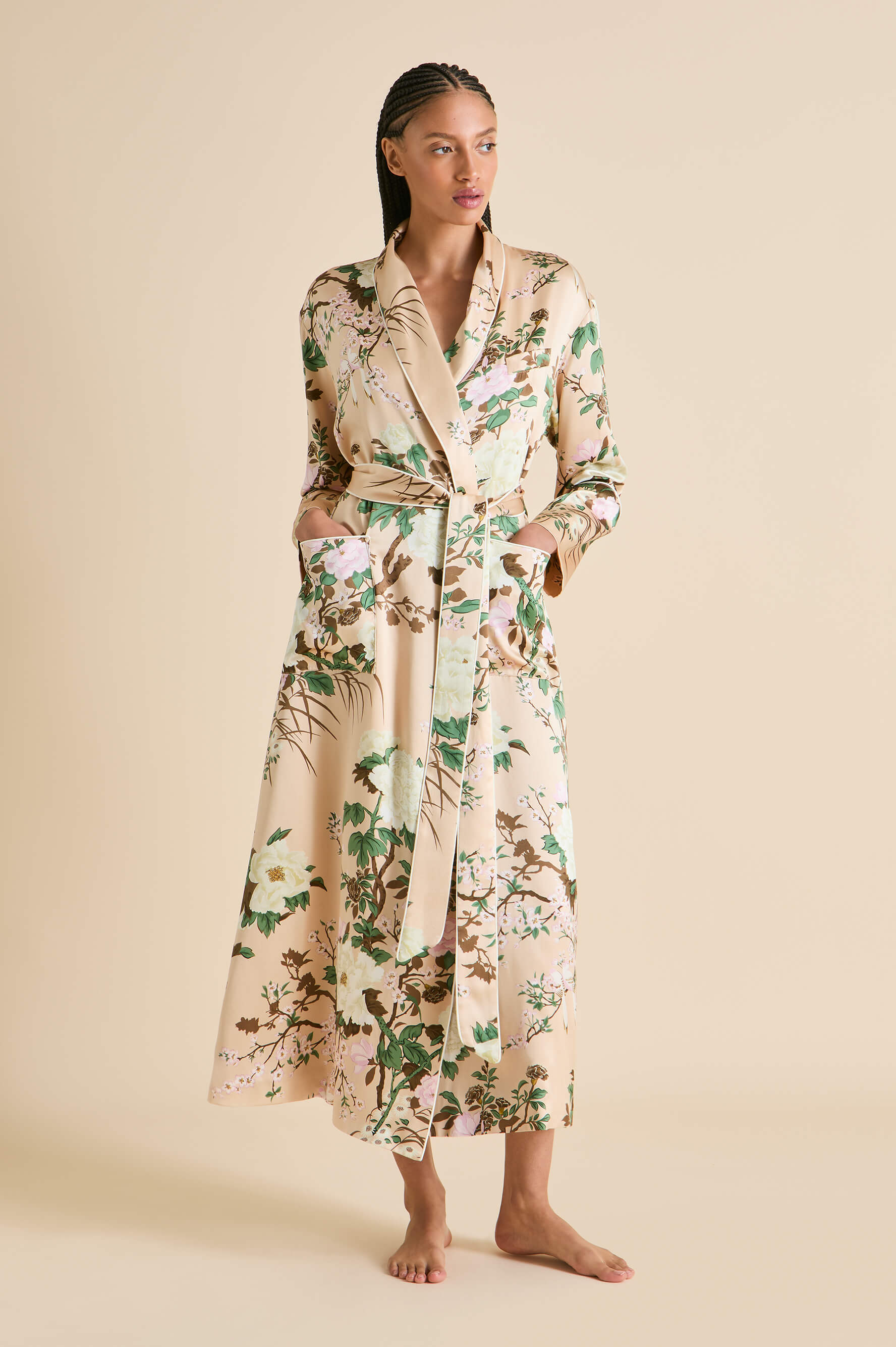 Capability Tirtoff Cream Floral Robe in Silk Satin