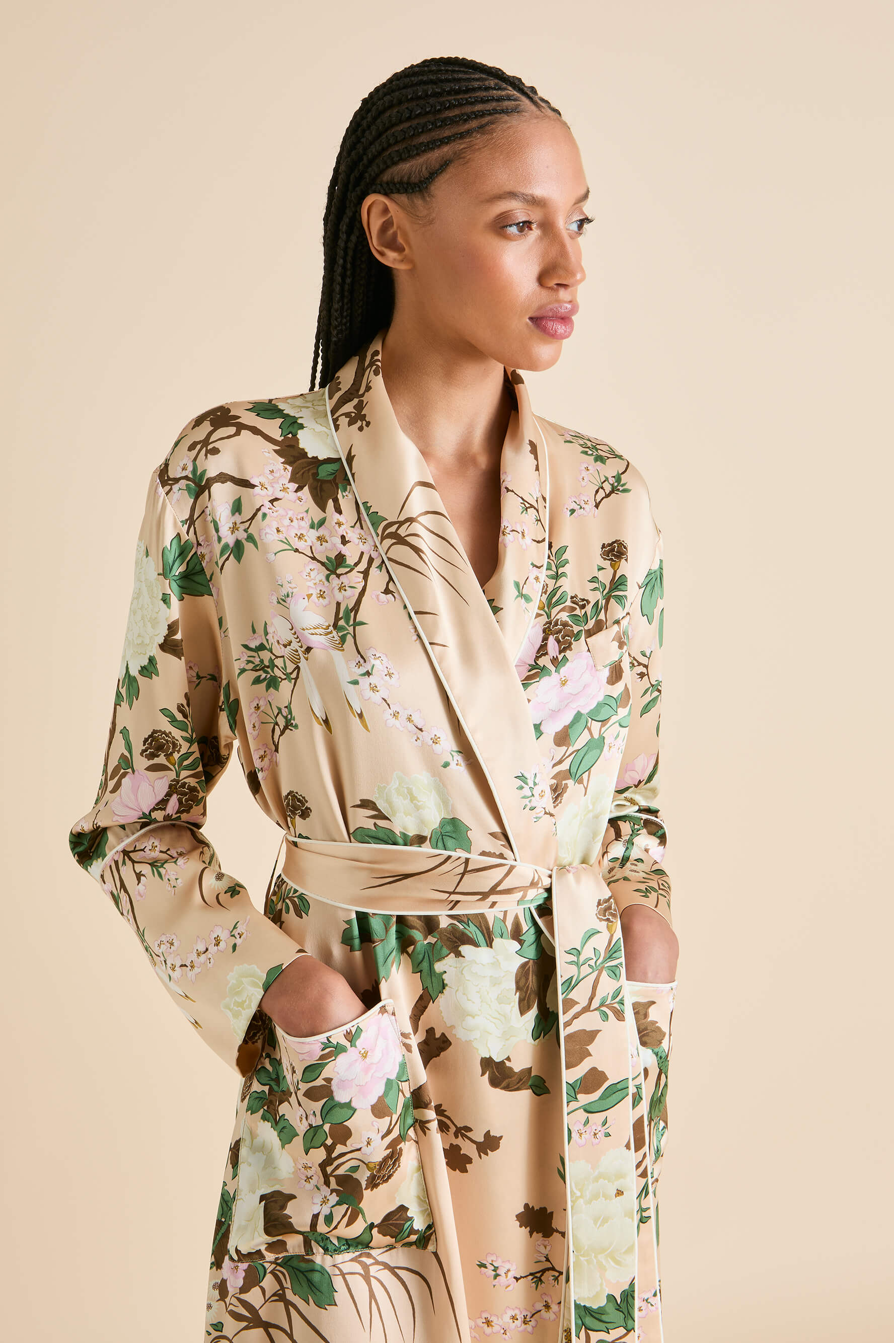 Capability Tirtoff Cream Floral Robe in Silk Satin