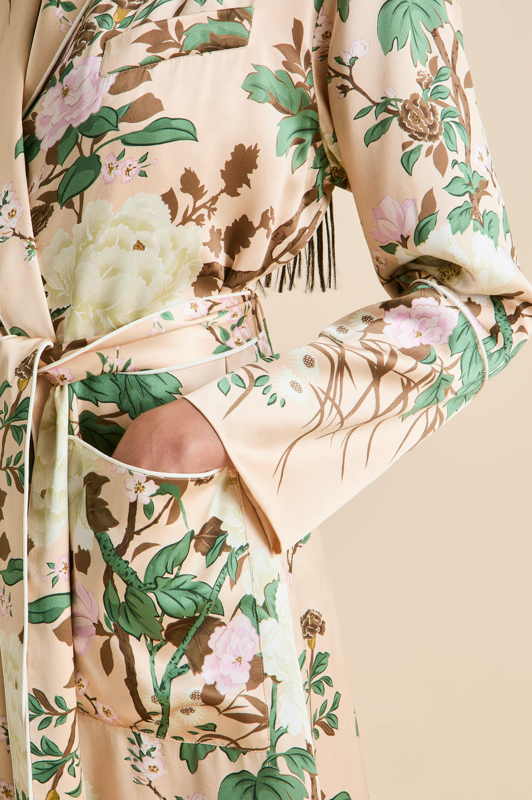 Capability Tirtoff Cream Floral Robe in Silk Satin