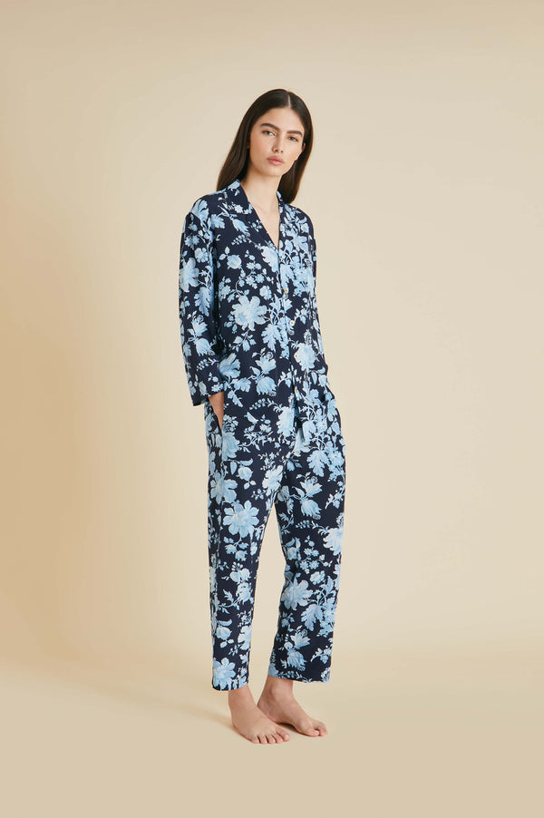 Casablanca Alcides Blue Floral Pyjamas in Silk Crêpe de Chine