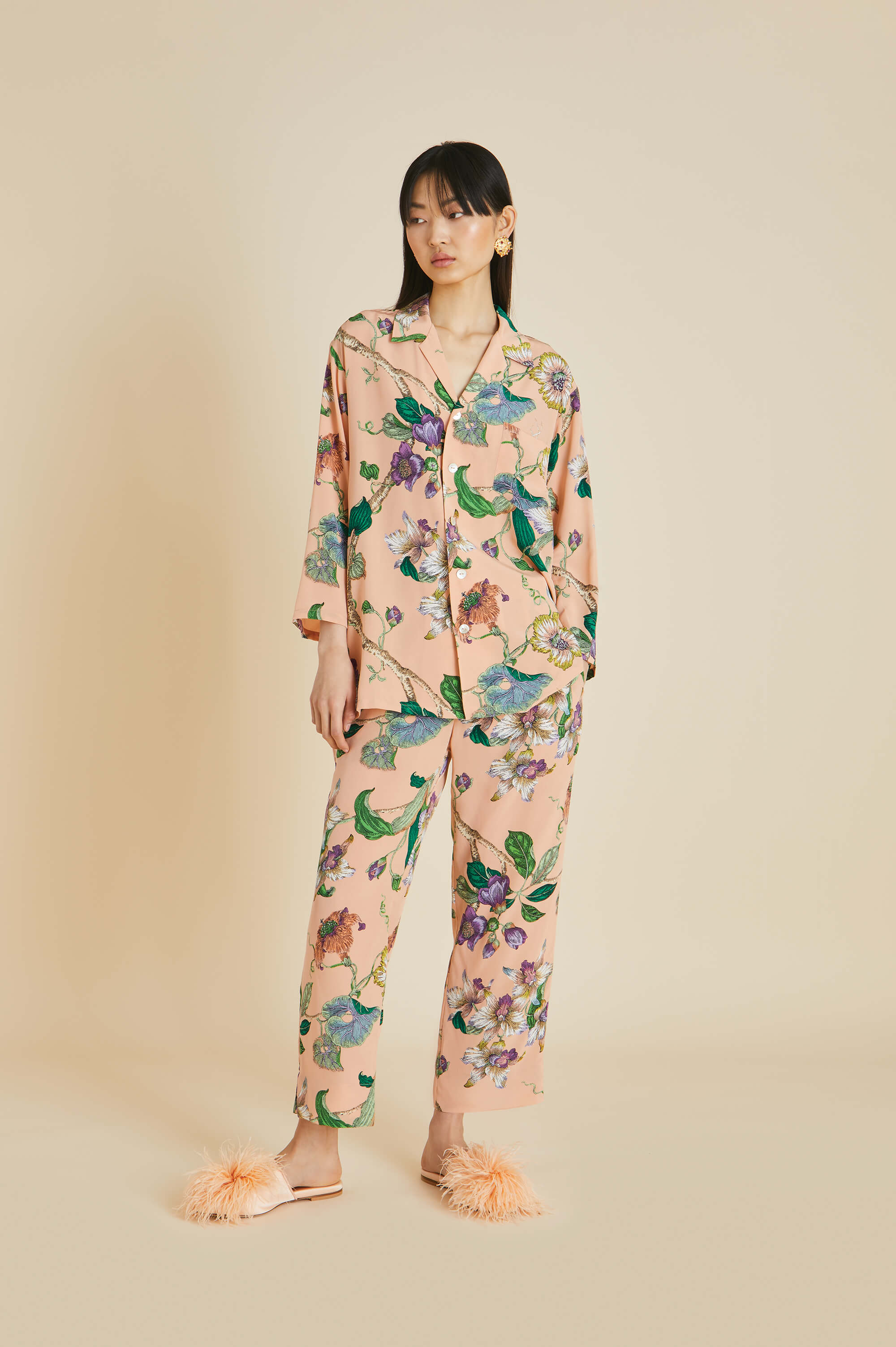 casablanca andromeda pink floral pyjamas in silk crêpe de chine