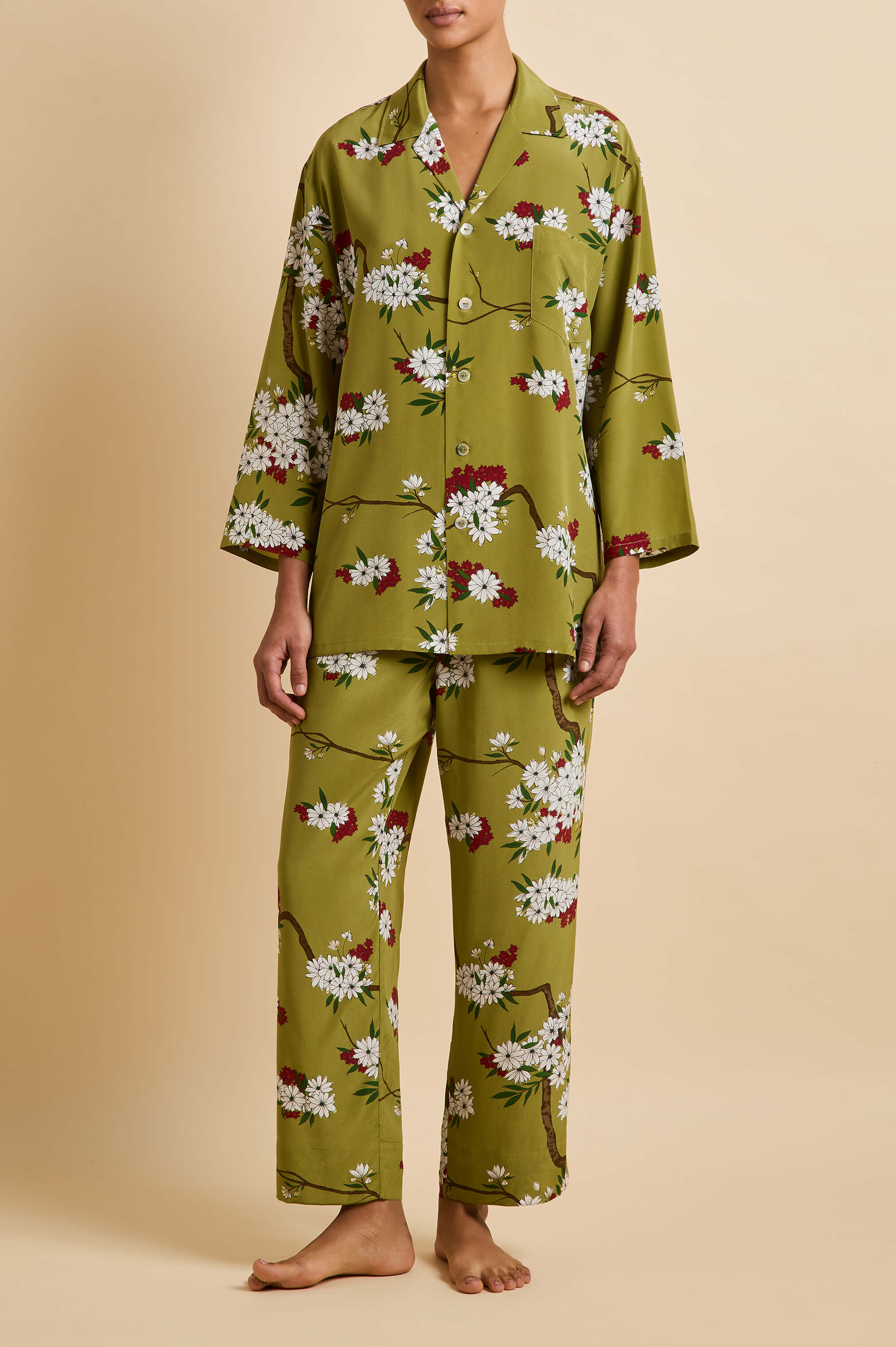 Casablanca Cecille Green Blossom Pyjamas in Silk Crêpe de Chine