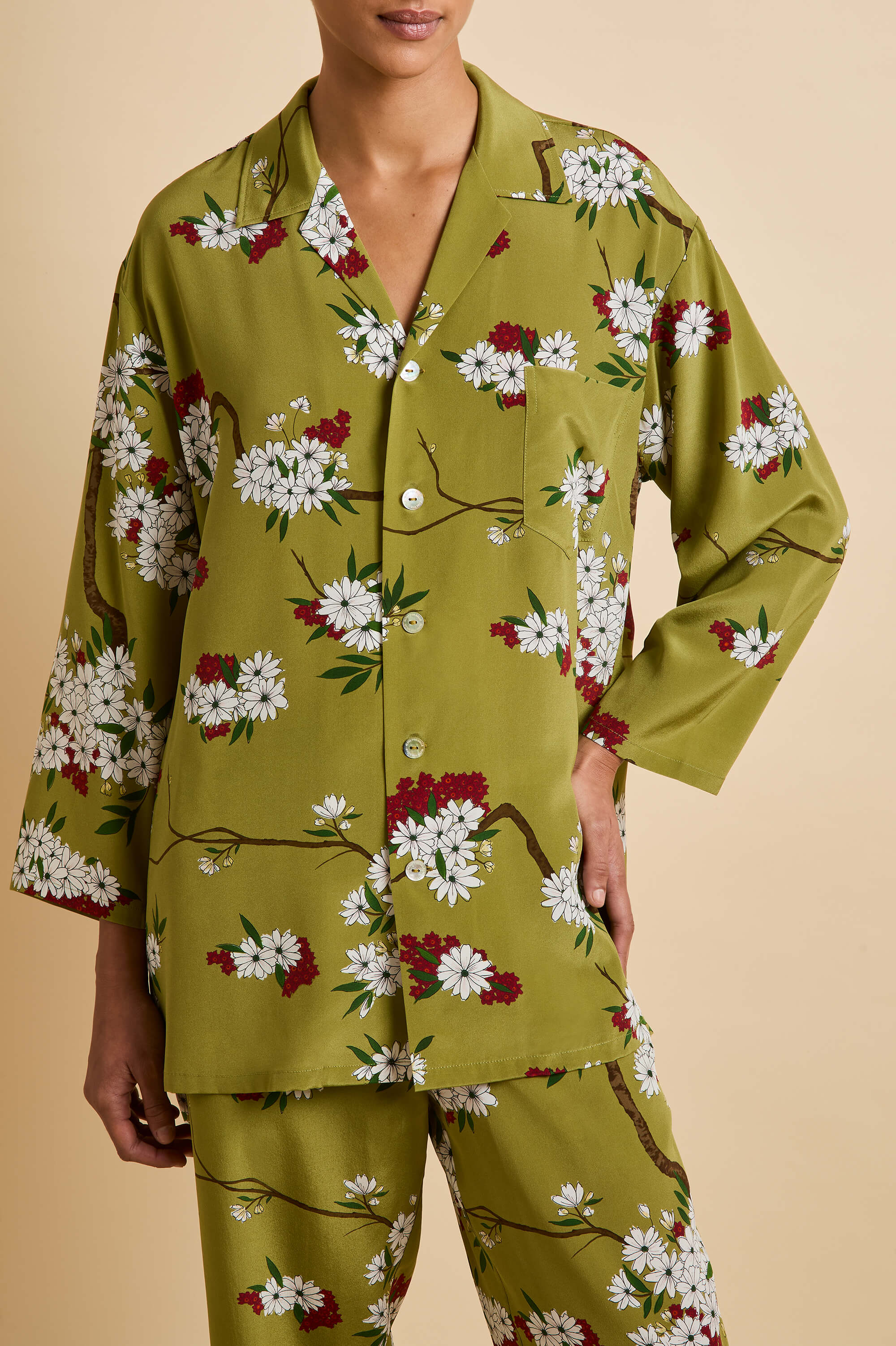 Casablanca Cecille Green Blossom Pyjamas in Silk Crêpe de Chine