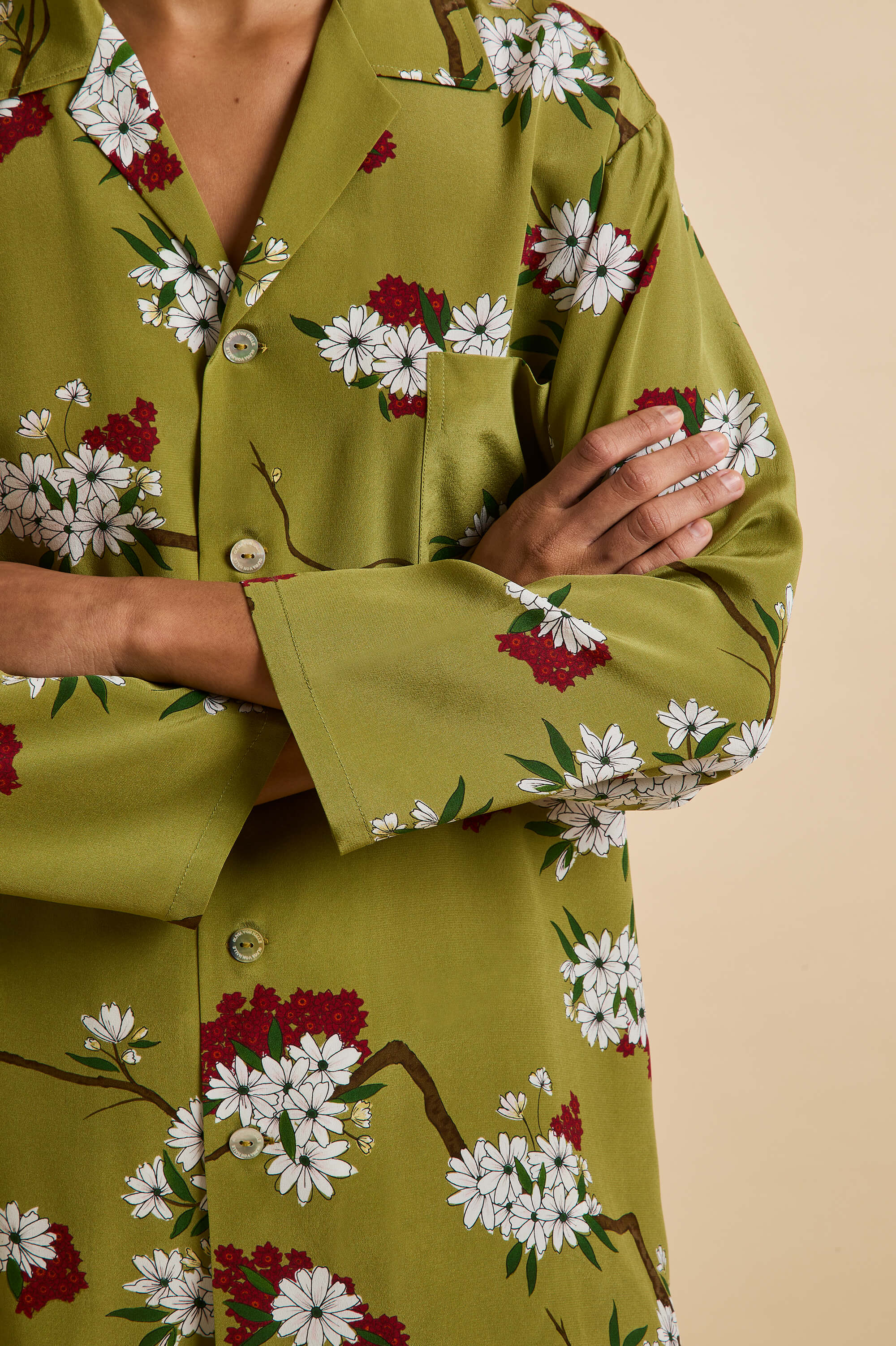 Casablanca Cecille Green Blossom Pyjamas in Silk Crêpe de Chine