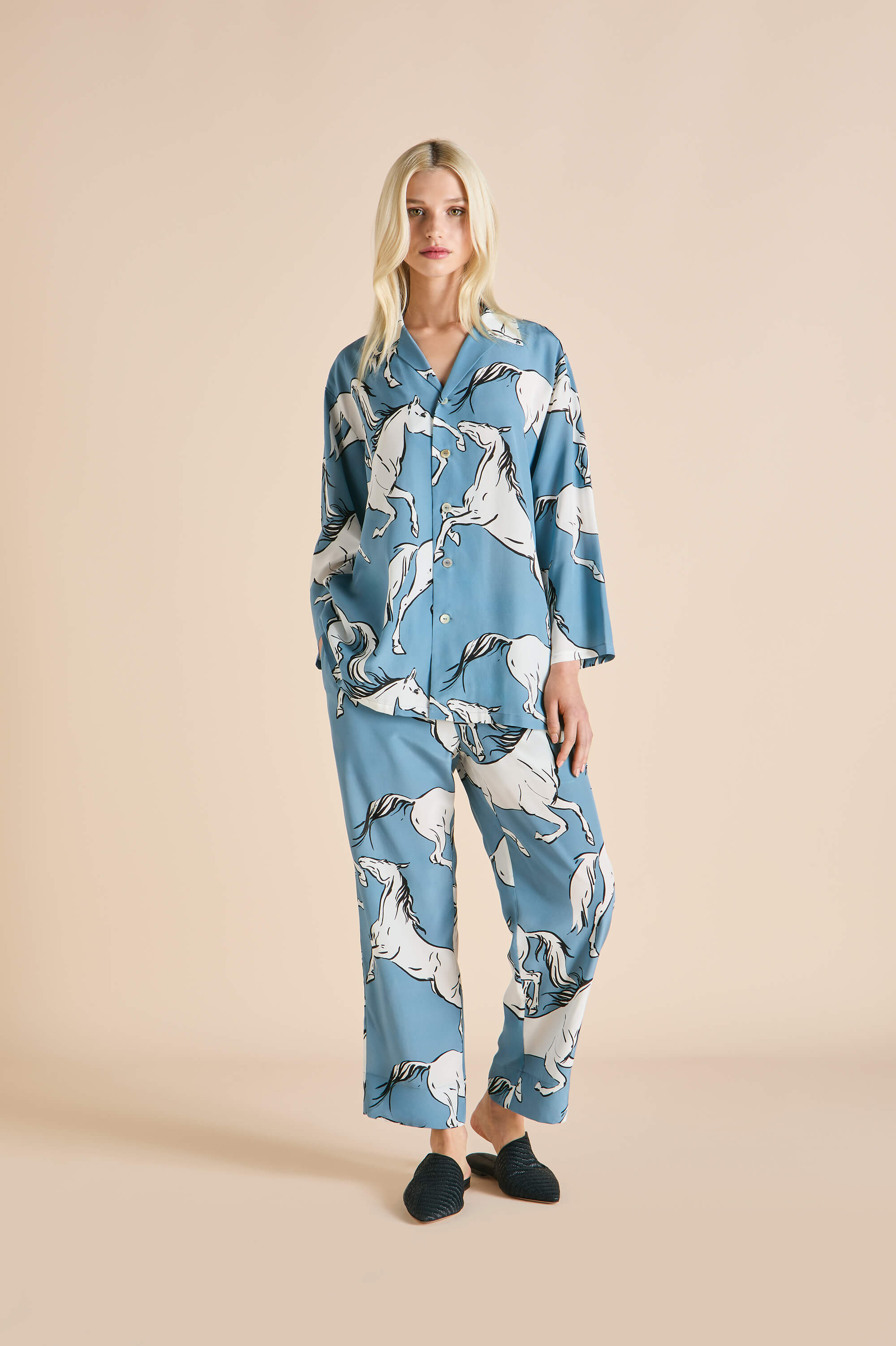 Casablanca Cordelia Blue Horse Pyjamas in Silk Crêpe de Chine