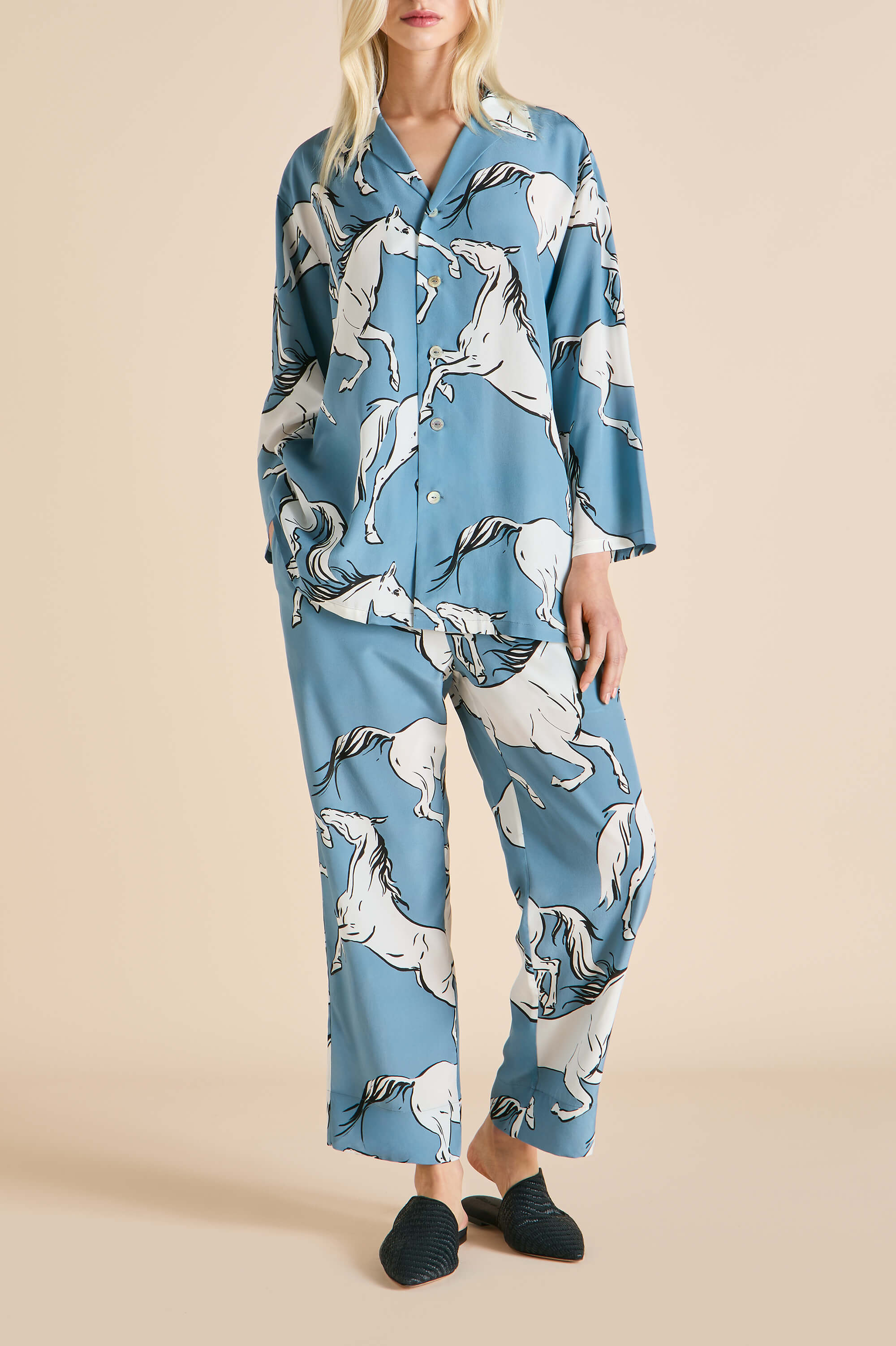 Casablanca Cordelia Blue Horse Pyjamas in Silk Crêpe de Chine