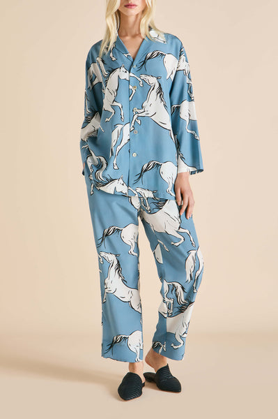 Casablanca Cordelia Blue Horse Pyjamas in Silk Crêpe de Chine