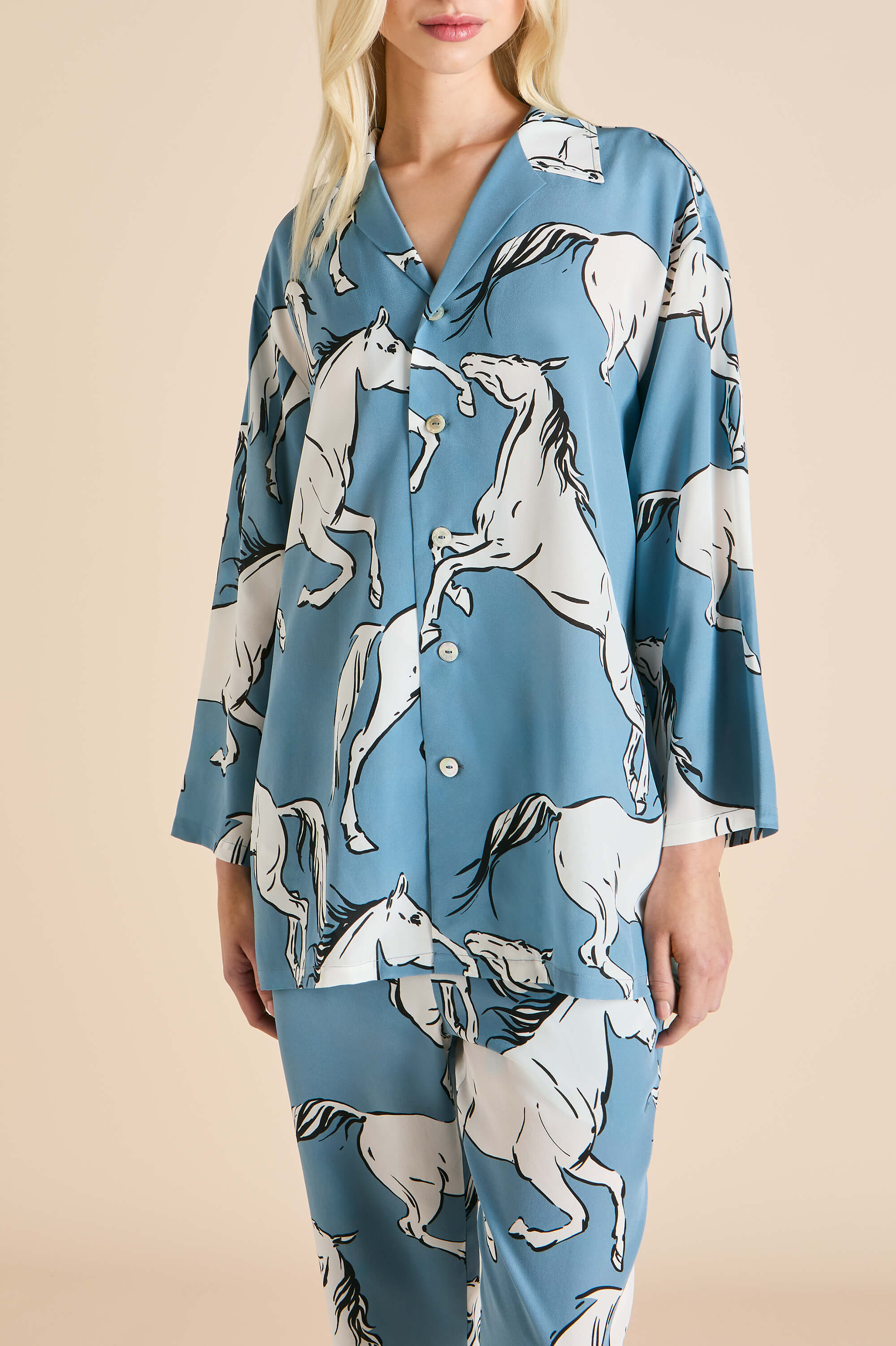 Casablanca Cordelia Blue Horse Pyjamas in Silk Crêpe de Chine