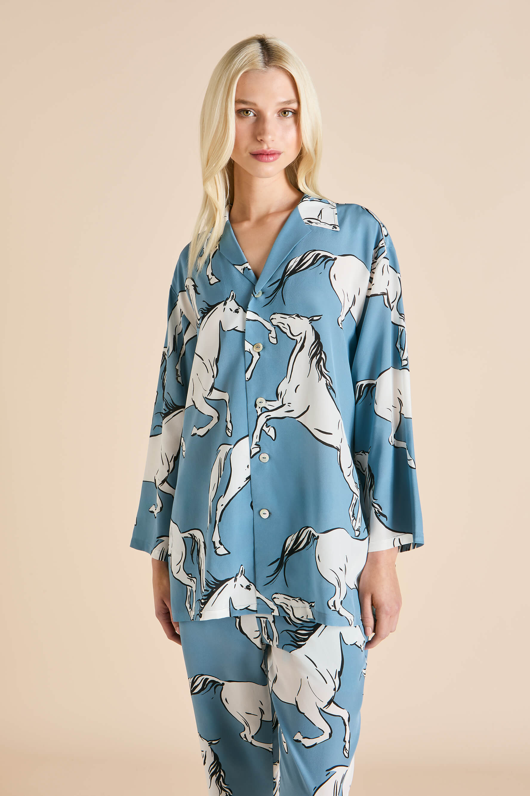 Casablanca Cordelia Blue Horse Pyjamas in Silk Crêpe de Chine