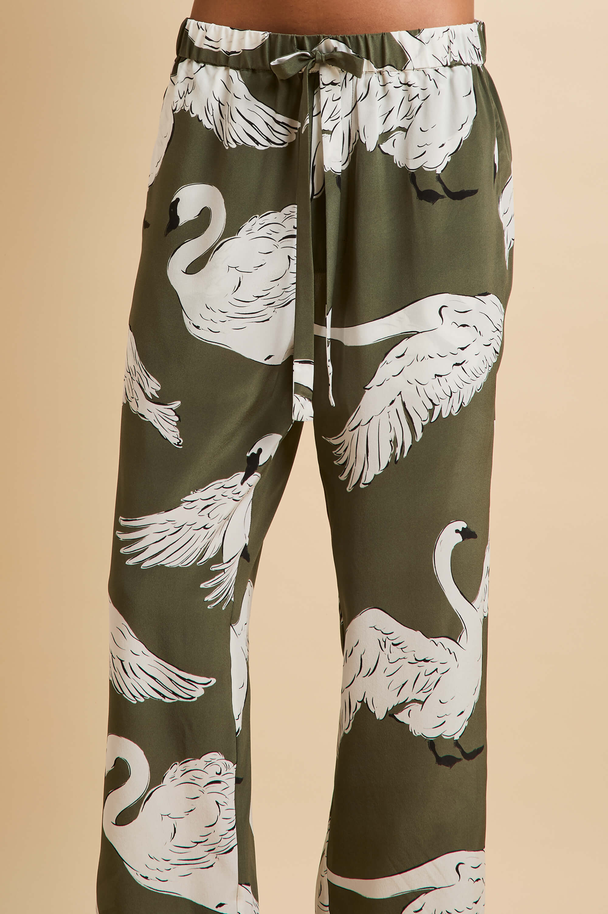 Casablanca Riba Green Swan Pajamas in Silk Crêpe de Chine